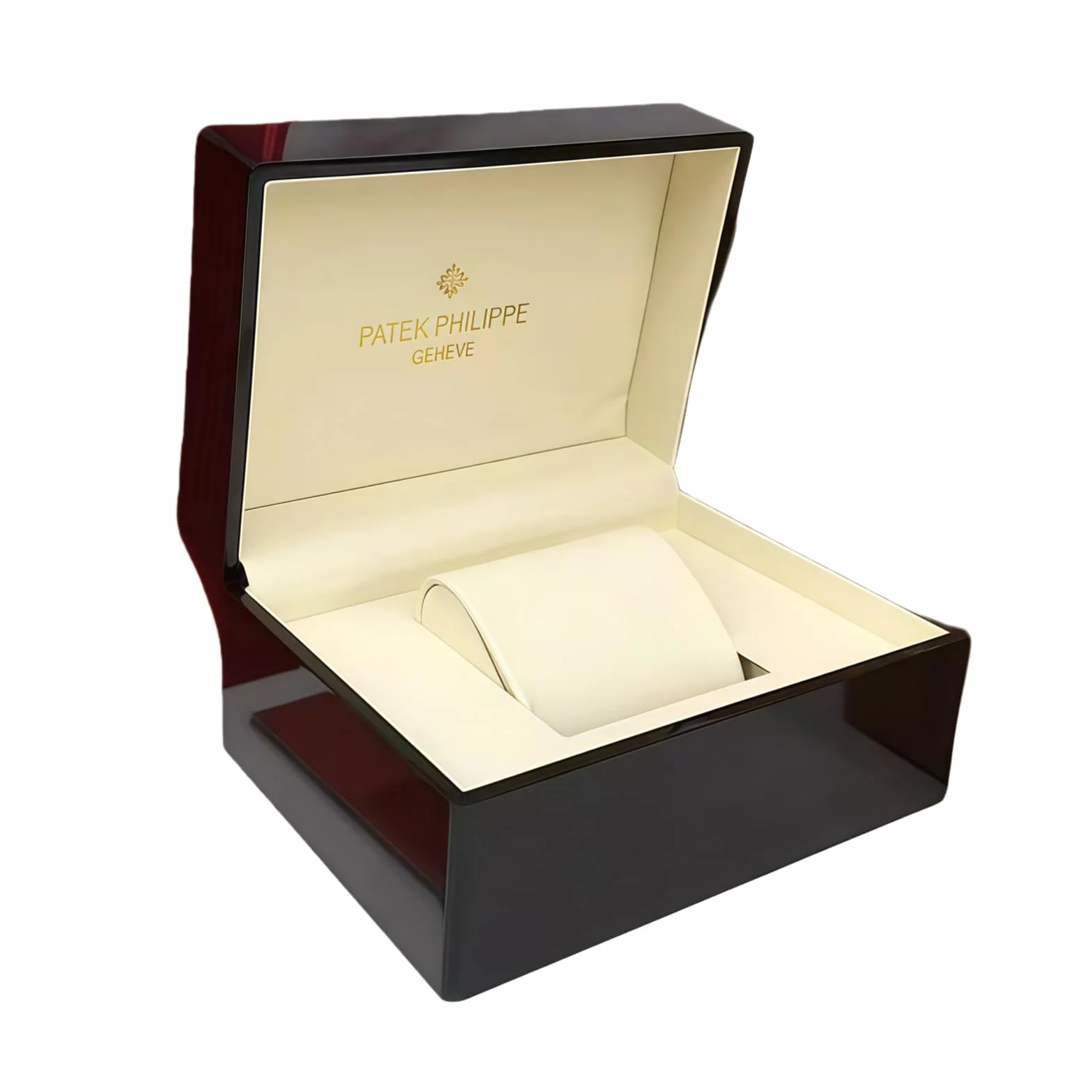 Patek Philippe Caja Reloj Madera Caoba Oscura Lacado Piano Alto Brillo Interior Cuero Crema Estuche Almacenamiento Lujo