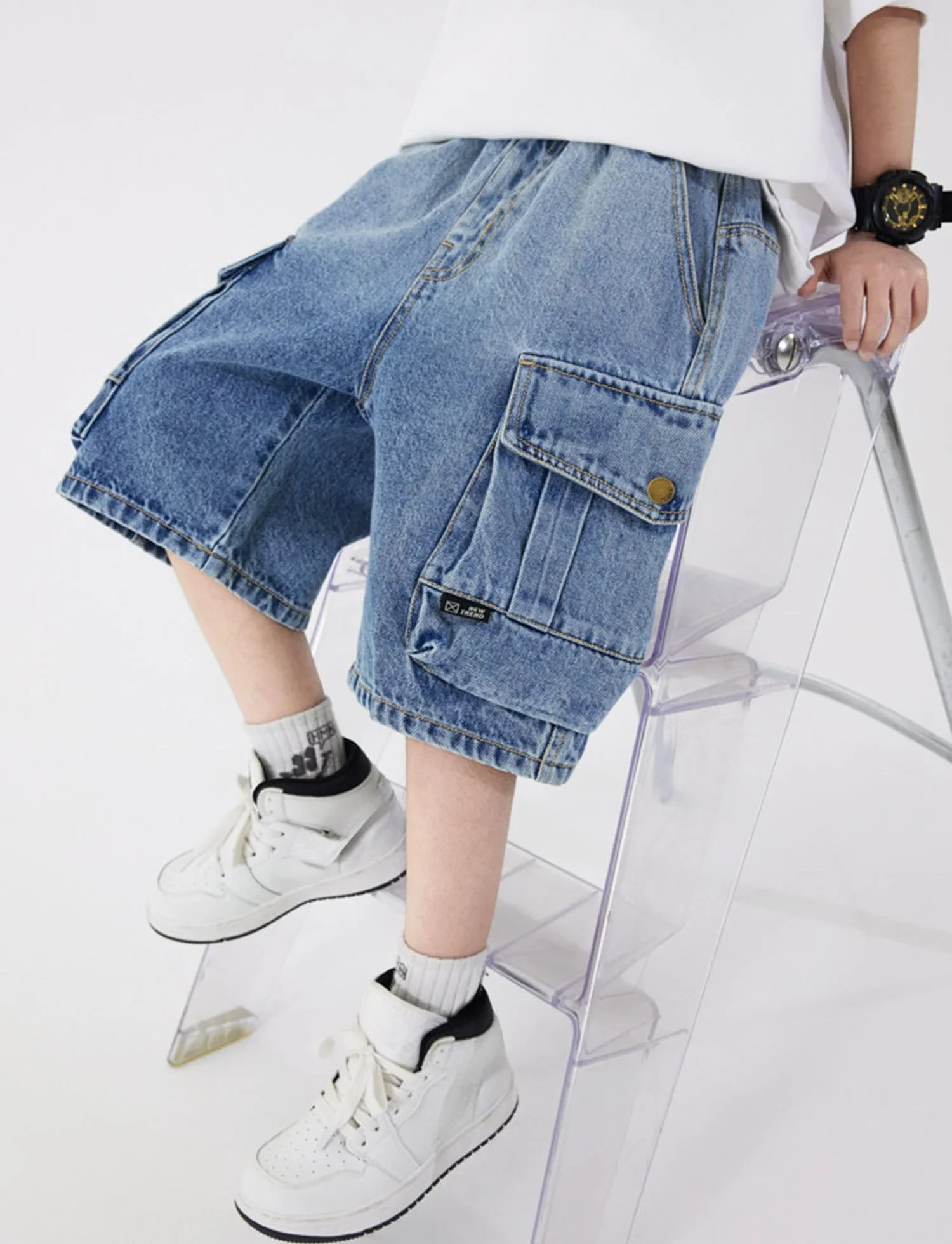 SEAUR Pantalón Corto Vaquero Niño Denim Baggy Jean Shorts Elástico Cintura Bermuda con Bolsillos