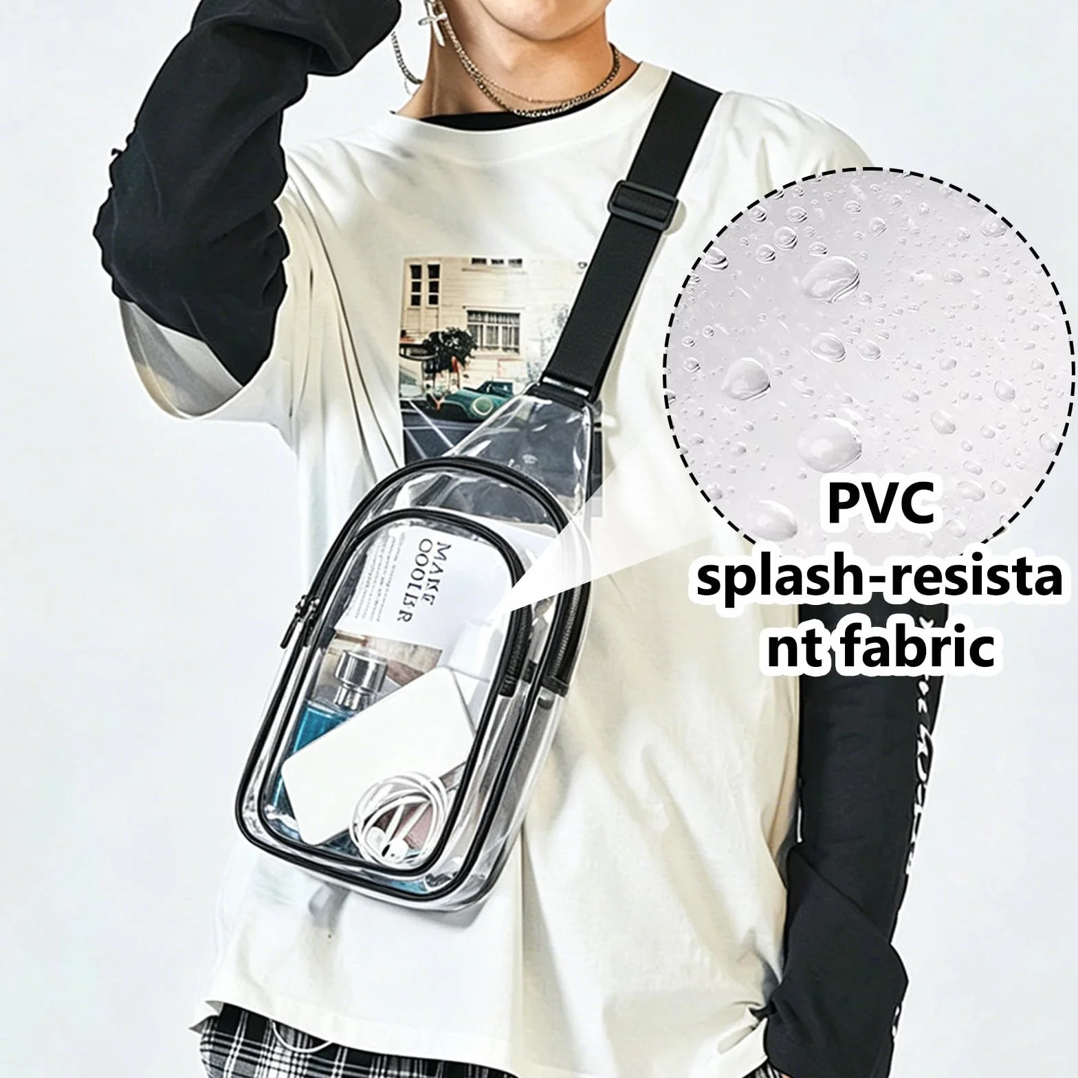 Bolsa de Pecho Transparente de PVC, Aprobado por Estadios Bolso Bandolera Hombre, Bolso Transparente Mujer con Correa Ajustable, Riñonera Resistente Al Aguariñonera para Conciertos Viajes