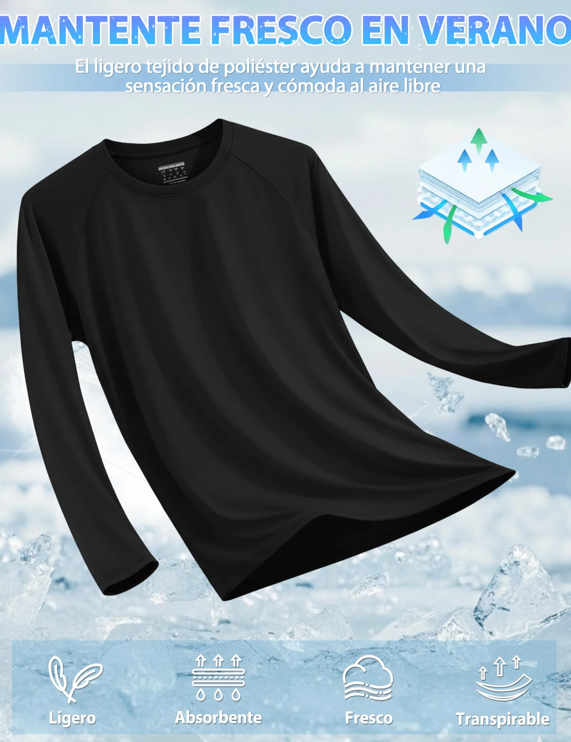 TACVASEN Camiseta Hombre Manga Larga UV UPF 50+ Turquesa S