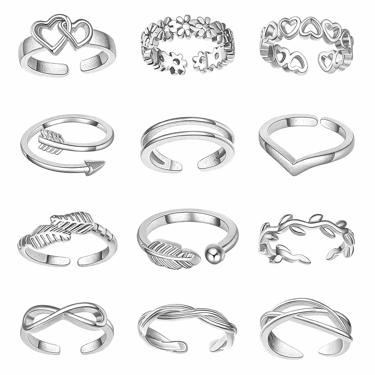 12 Piezas Anillos para el Dedo del Pie Mujer, Anillos de Dedo Ajustables, Anillo de Dedo del Pie Abiertos, Joyería Regalo Amistad San Valentín Día de la Madre, Plata