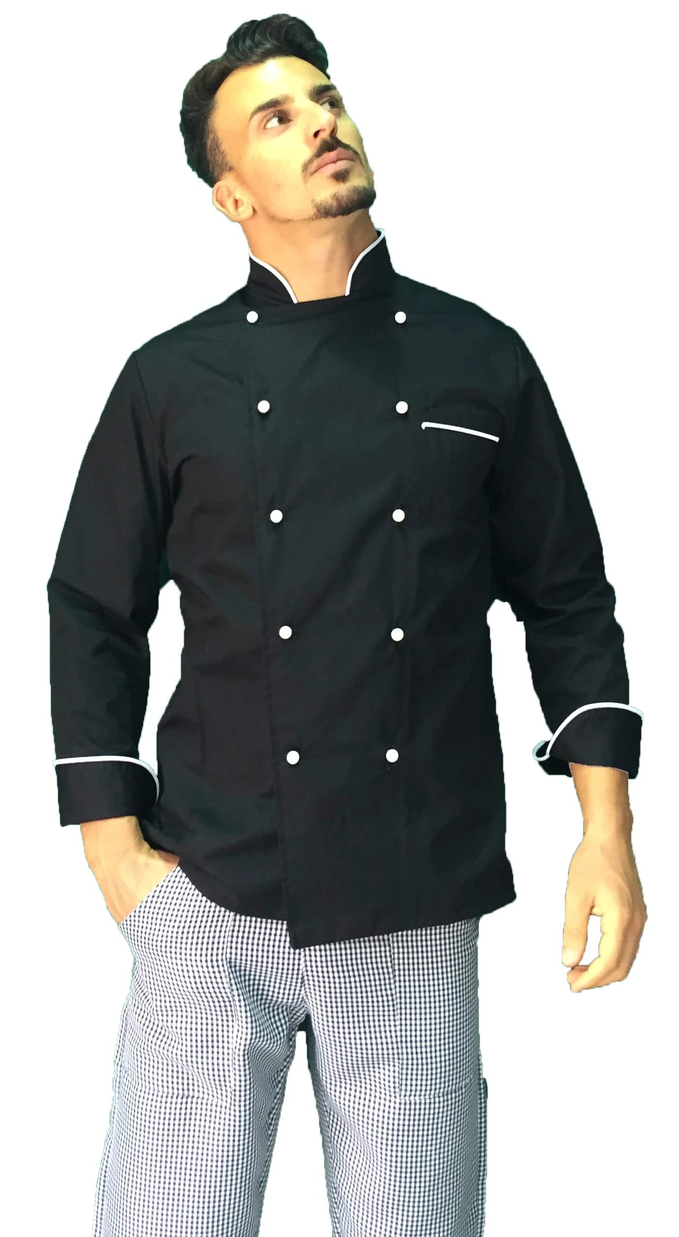 Bordado gratuito – Juego de cocina – uniforme cocinero negro y blanco – Chaqueta, pantalón y delantal – Fabricado en Italia