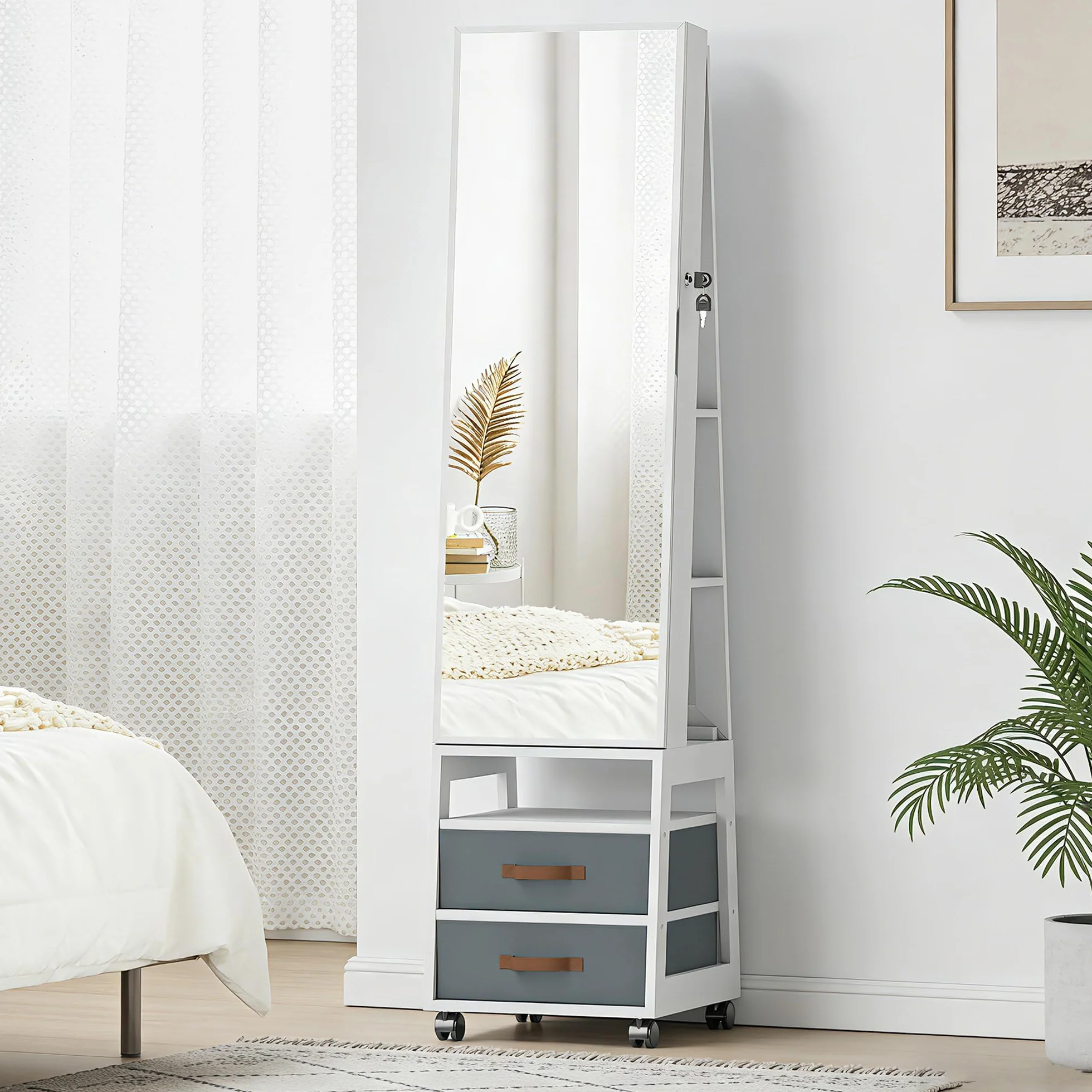 HOMCOM Espejo Joyero con Luces LED Interior, Armario para Joyas con Ruedas, Armario Joyero con Espejo Entero, Giratorio de 360°, Estantes Abiertos, Cajones de Tela, Blanco y Forro Crema