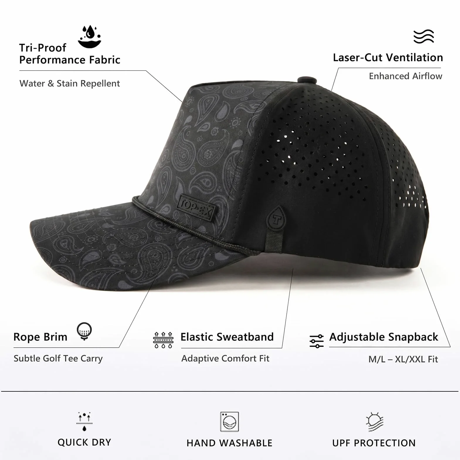 TOP-EX Gorra para hombre con correa, gorra de snapback, resistente al agua, protección UV, transpirable, gorra deportiva para verano, gorra de golf