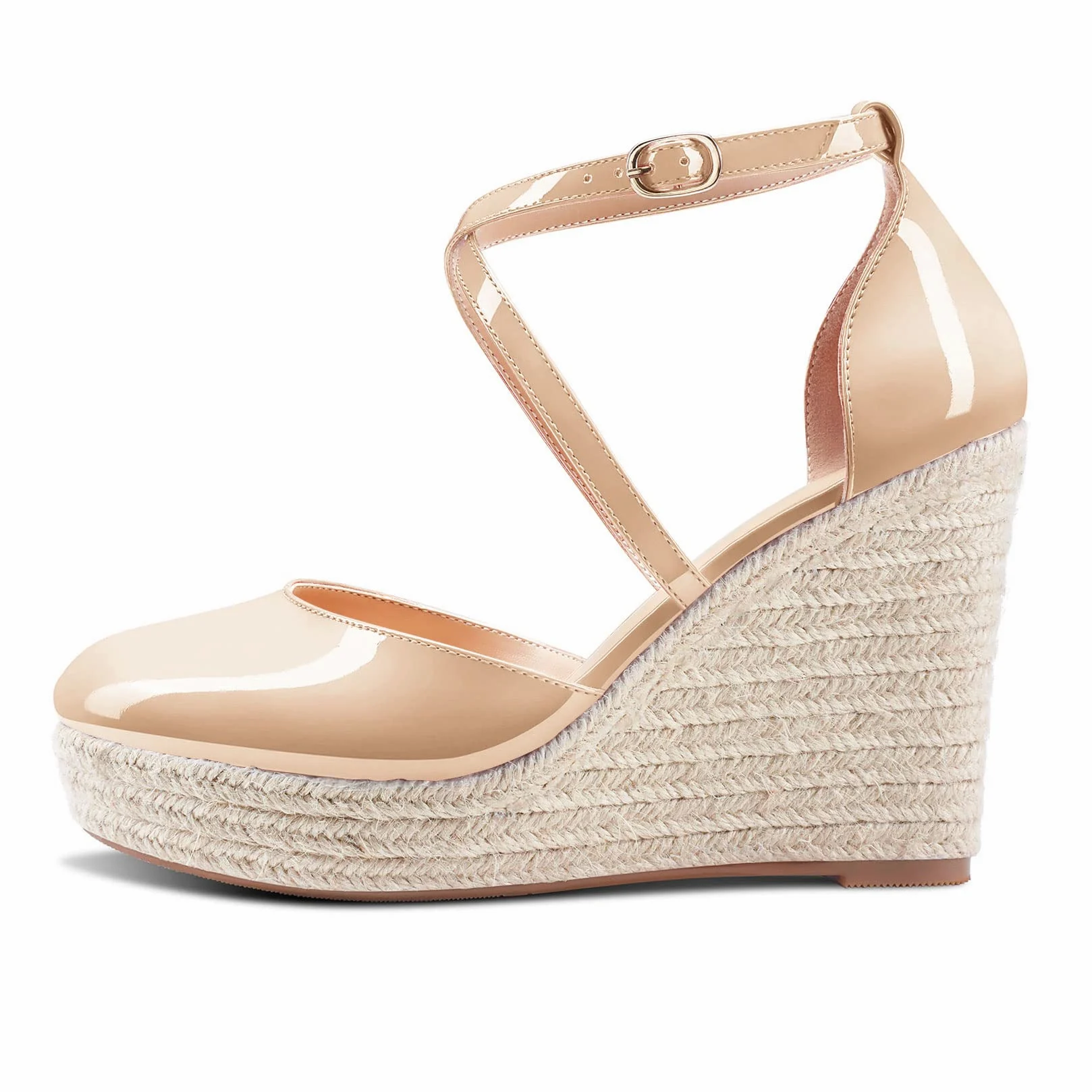 Aachcol Mujer cuña Esparto Plataforma Pumps Redonda Punta Correa Tobillo Chunky Ancho Alto High Heel Dress Zapatos Pumps de Boda Charol 10 CM