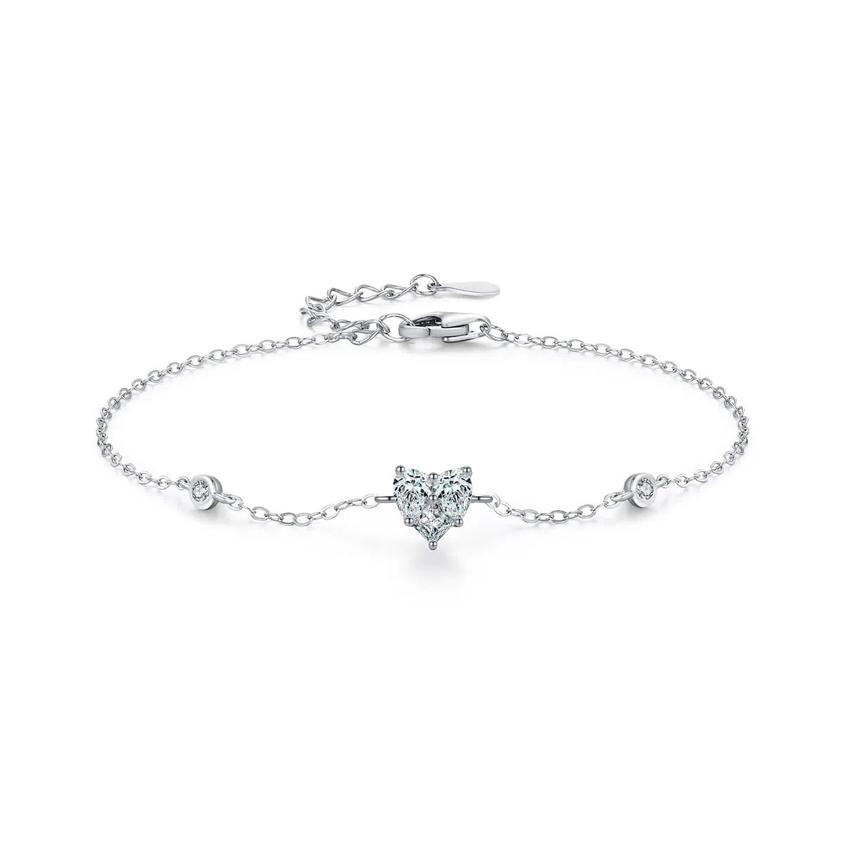 Pulseras de Mujer de Oro Blanco 9Kilates / 14Kilates / 18Kilates, Corazón con Diamante Creado de 0,25 ct, Cadena Extensible 16 CM + 5 CM, Pulsera de Plata de Mujer Ajustable