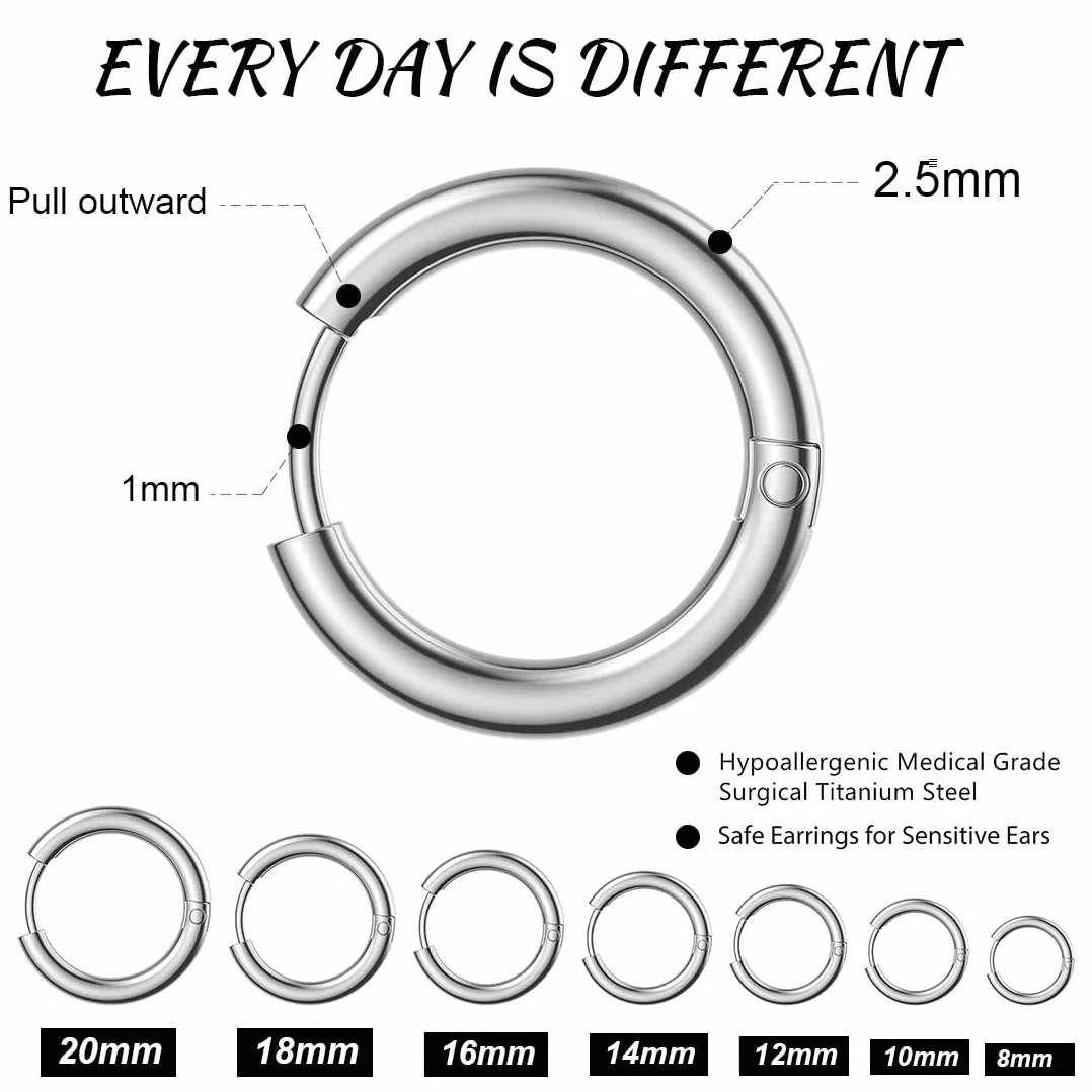 Pendientes de Aro de Plata para Hombres y Mujeres, Acero Inoxidable Hipoalergénico 8-20 mm