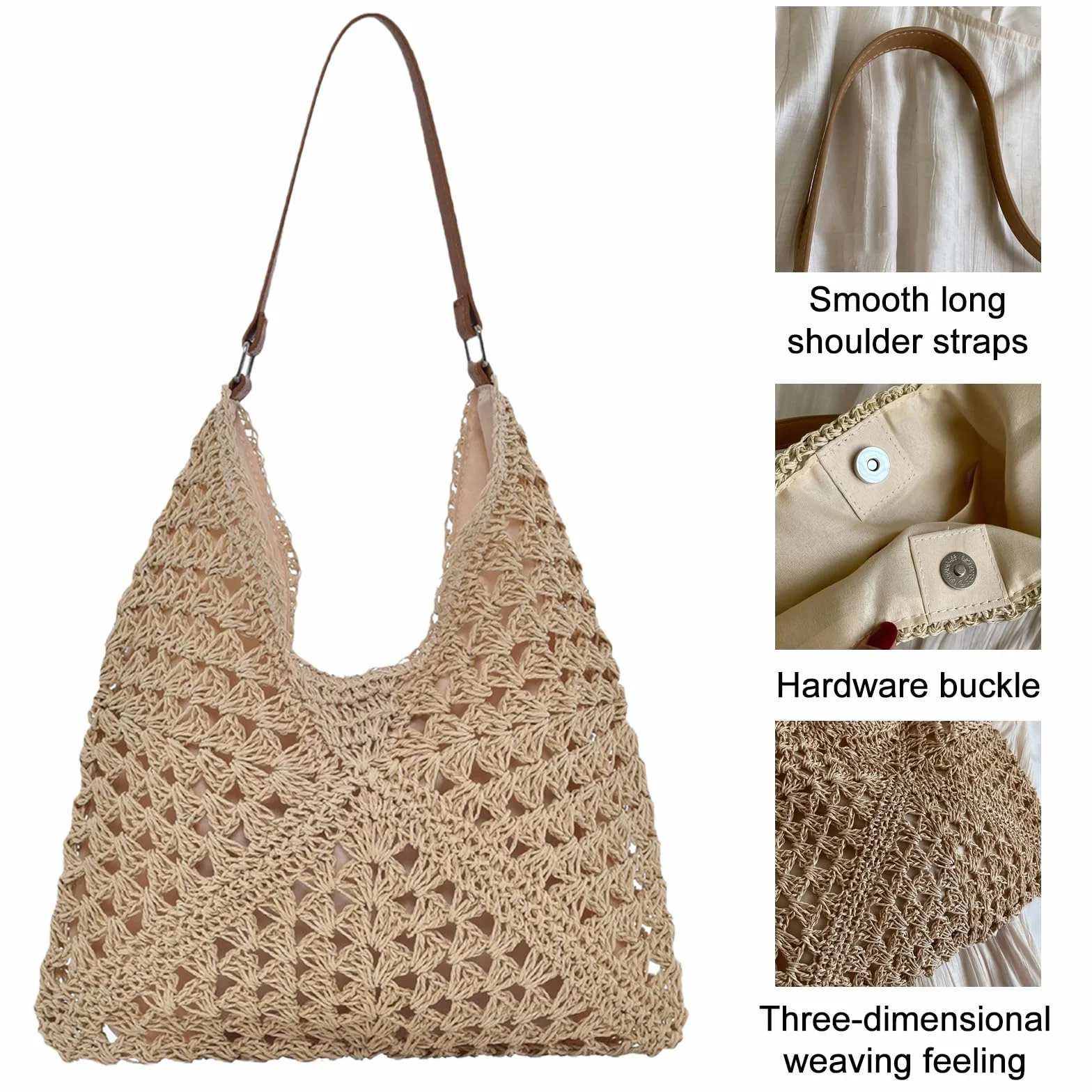 Bolsos de Paja Mujer Verano, Elegante Bolso de Mano Bohemio, Práctico Bolso de Hombro Rafia para Mujer, Bolsos Tejidos Crochet, Tote Bag Para Viaje Fiesta Vacaciones (Beige)