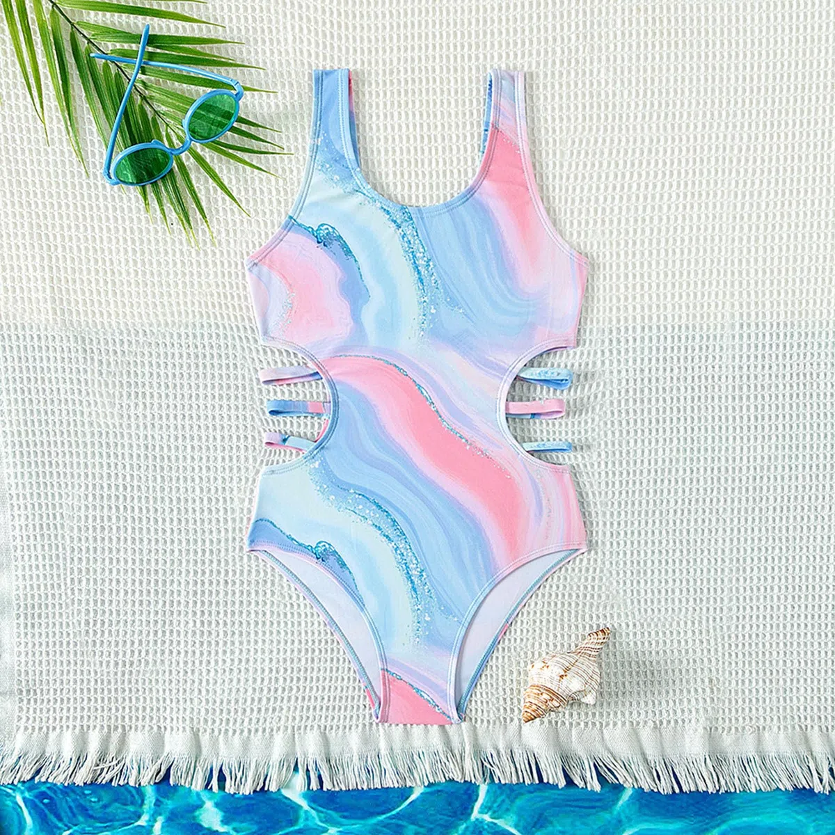 Generisch Disfraz de natación para niña, traje de baño de 1 pieza para niñas, traje de baño con recortes, estampado de verano, playa, deporte, baño