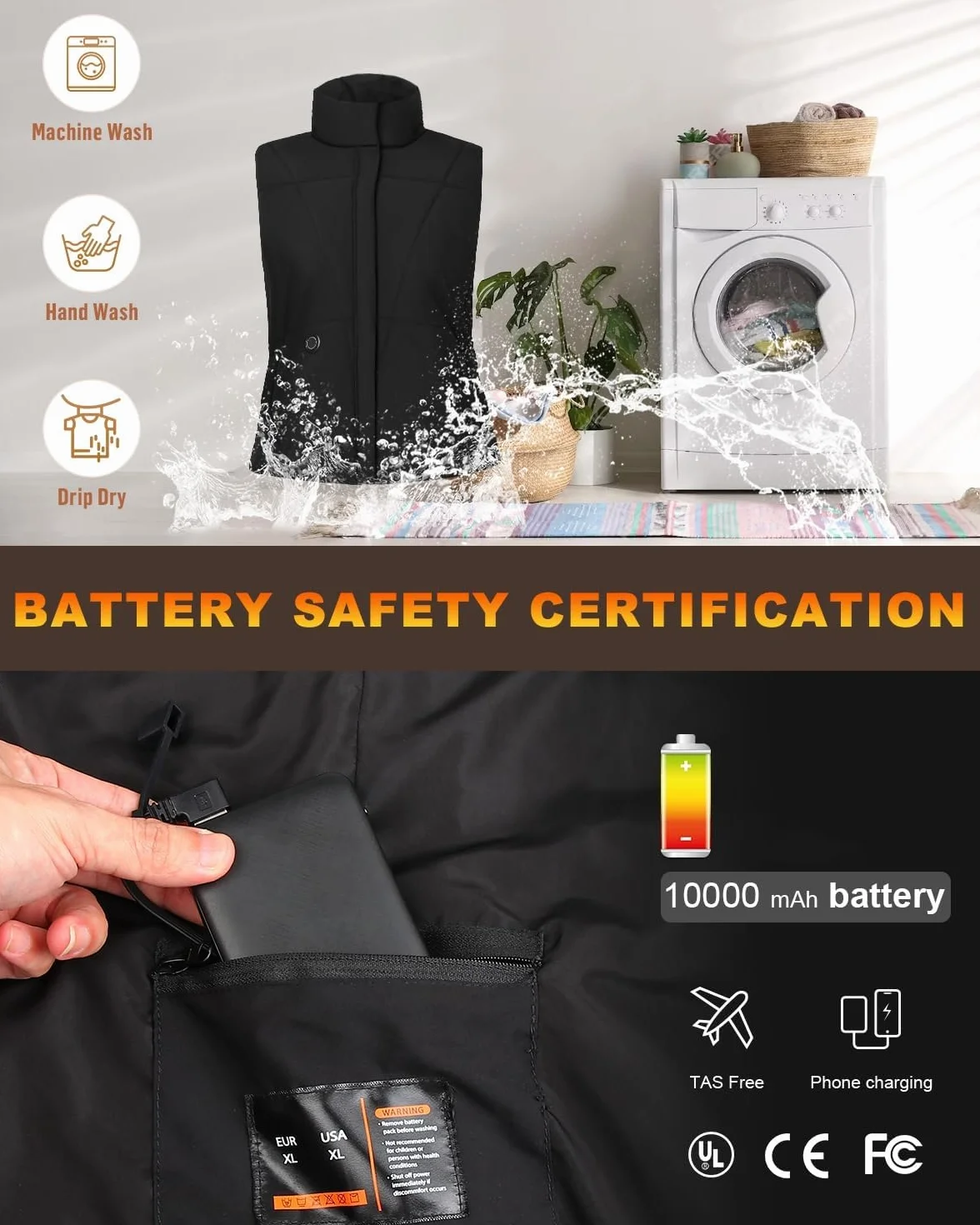 Chaleco Calefactable Mujer 10000 mAh 3 Niveles de Temperatura Batería
