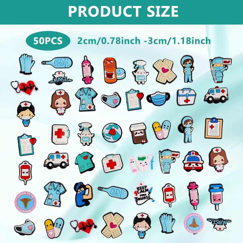 50 Piezas Adornos para Zapatos Enfermera Pins para Crocs, Charms Adornos para Zapatos, Decoración de Zapatos de Dibujos Animados, Shoe Charms de PVC, para Médicos Enfermeras Niños Adultos Niñas