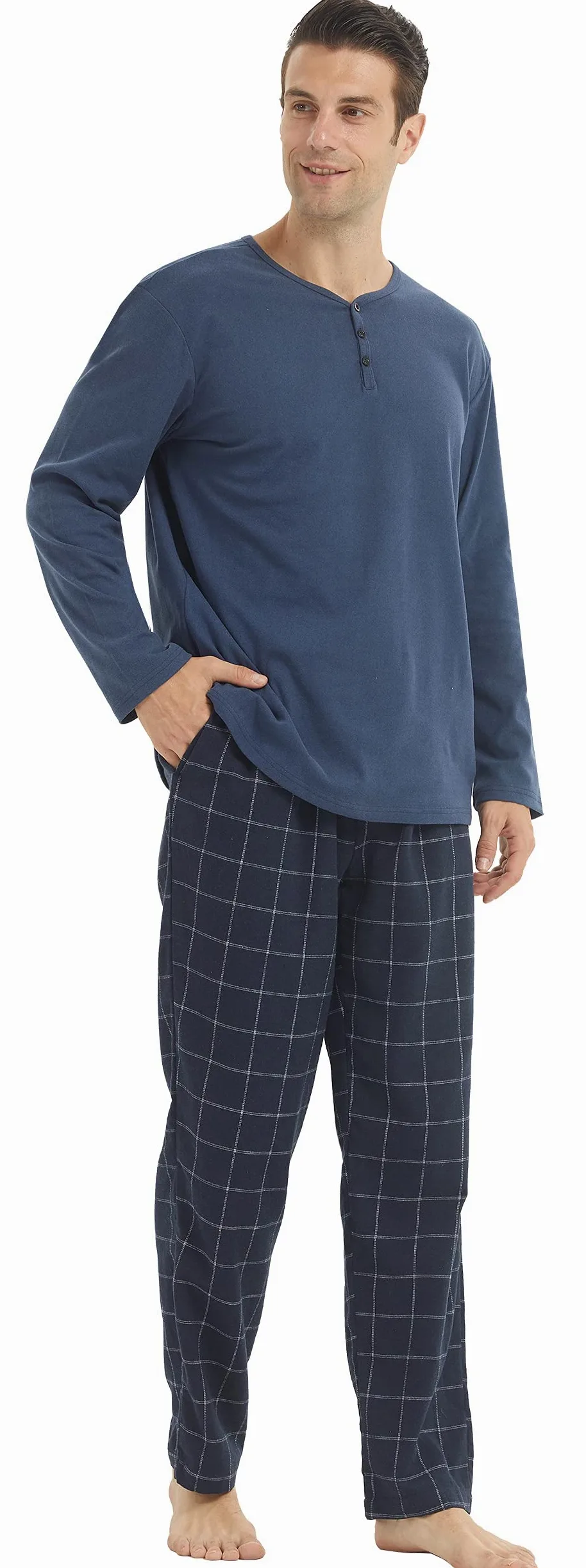 YUSHOW Pijama Hombre Invierno Pijama con Manga Larga Polar y Pantalón Largo de Algodón a Cuadros Conjunto de Pijama Cómodo y Calentito