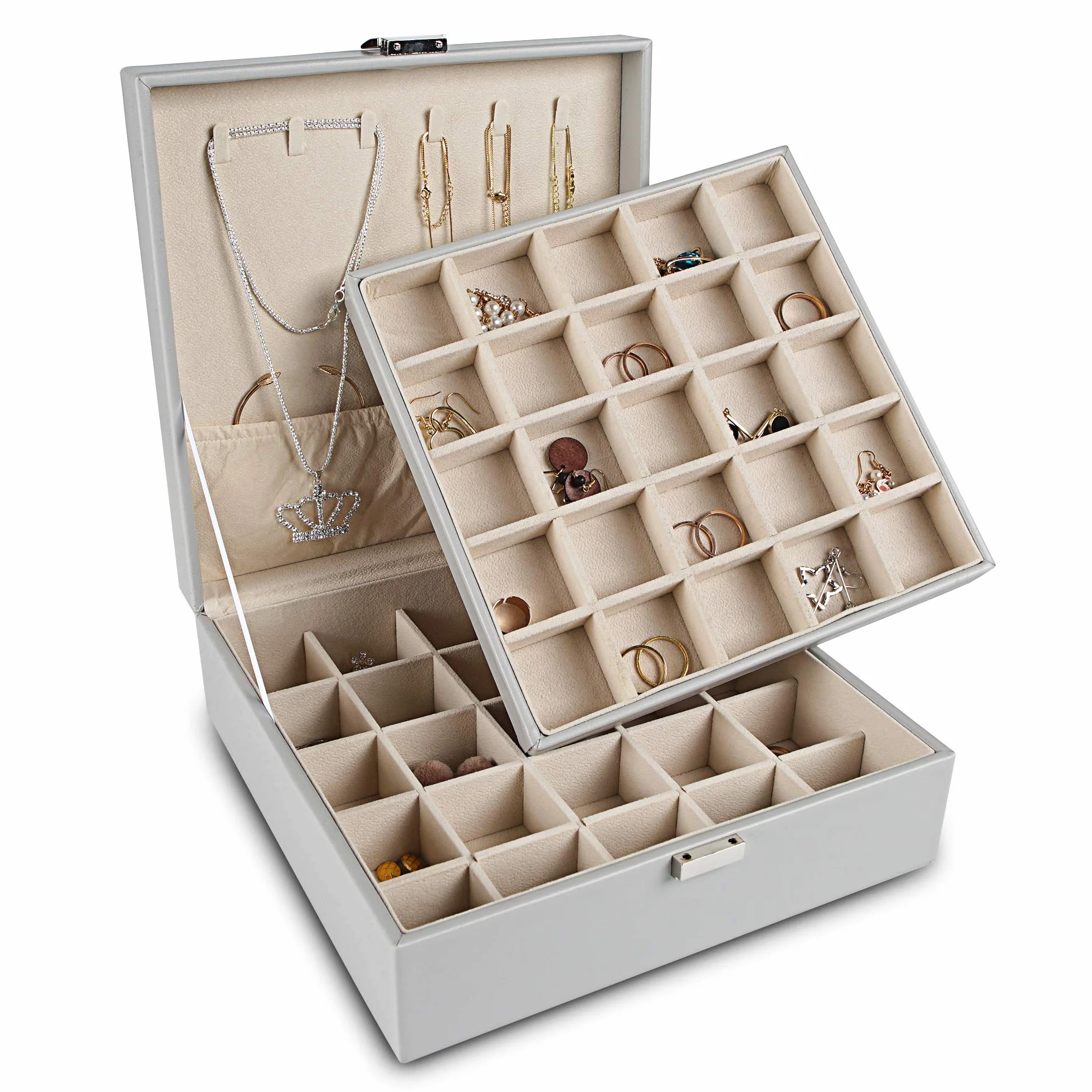 Frebeauty Organizador de pendientes, caja de joyería clásica con 50 ranuras de doble capa con 6 ganchos para collares y bolsillo para pulsera (gris)
