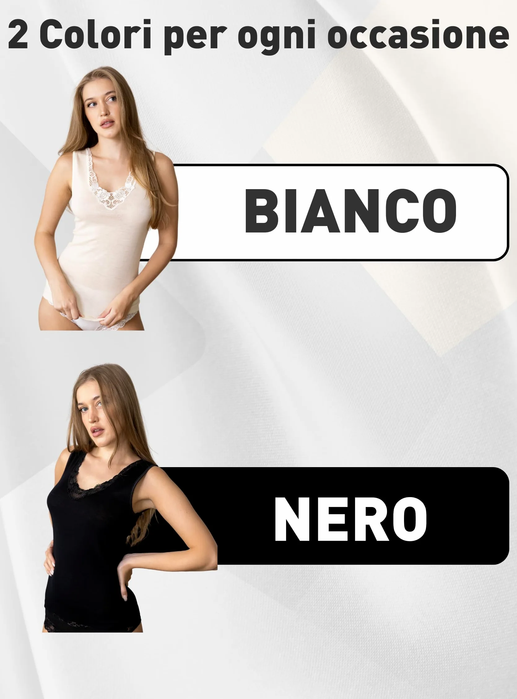 Pinuccio Venegoni Camiseta sin mangas de lana y seda íntima de mujer; camiseta térmica de hombro ancho con encaje. Made in Italy negro y blanco ropa interior para mujer de invierno elegante enojado