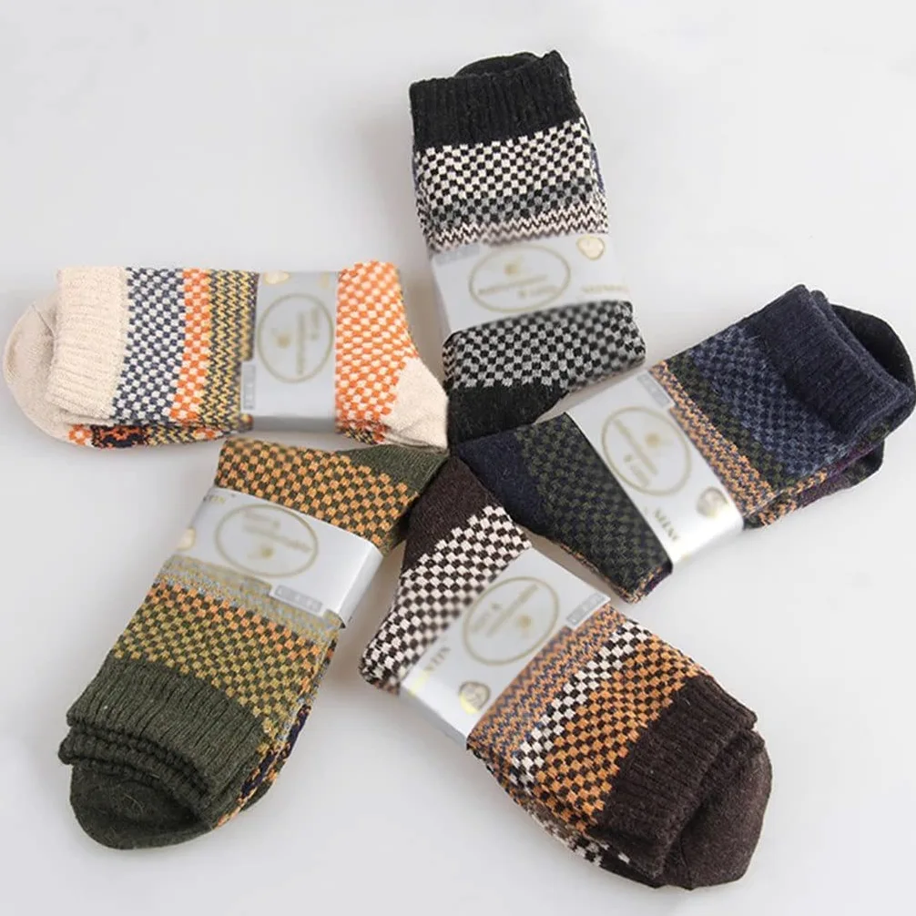 5 Pares/Lote Hombres Calcetines Invierno Grueso cálido Raya Calcetines de Lana Calcetines Casuales de Calcetines de Macho (Color: 5 Pares Tamaño: Un tamaño)
