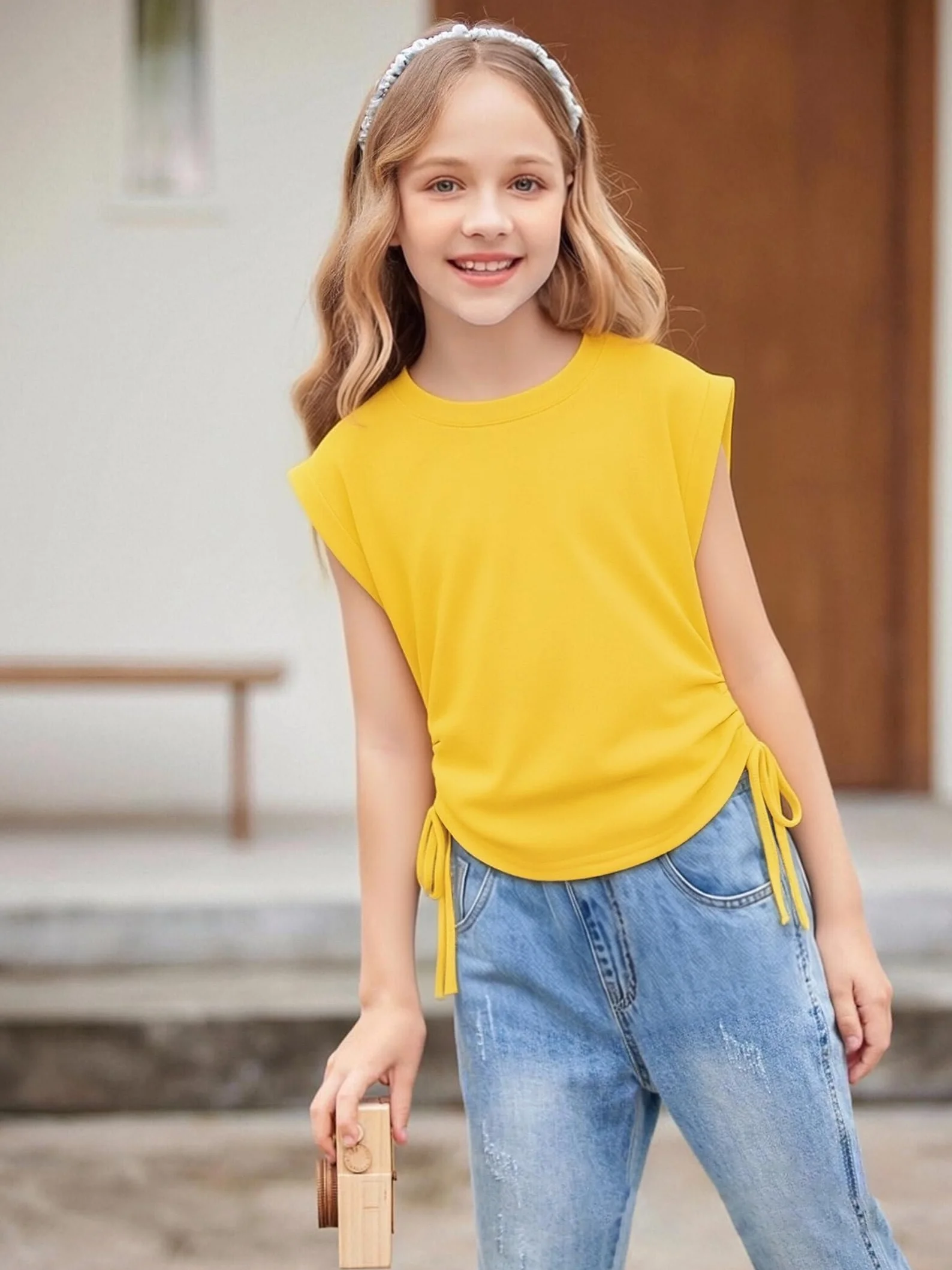 Arshiner Niñas Camisetas Manga Corta Extended Shoulder Niños Verano T-Shirt Algodón Cuello Redondo Manga Corta Shirt y Cordón para Niñas 6-14 Años