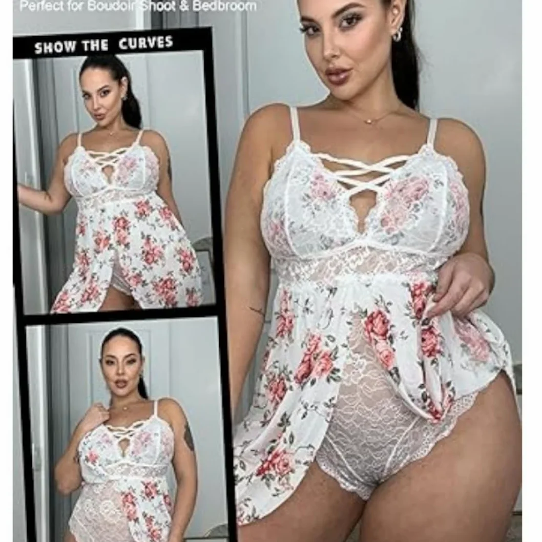 XHYRHTS Babydoll de lencería Sexy de Talla Grande para Mujer, camisón de Encaje, Ropa Interior de negligé, Ropa de Dormir de una Pieza, camisón para Mujer