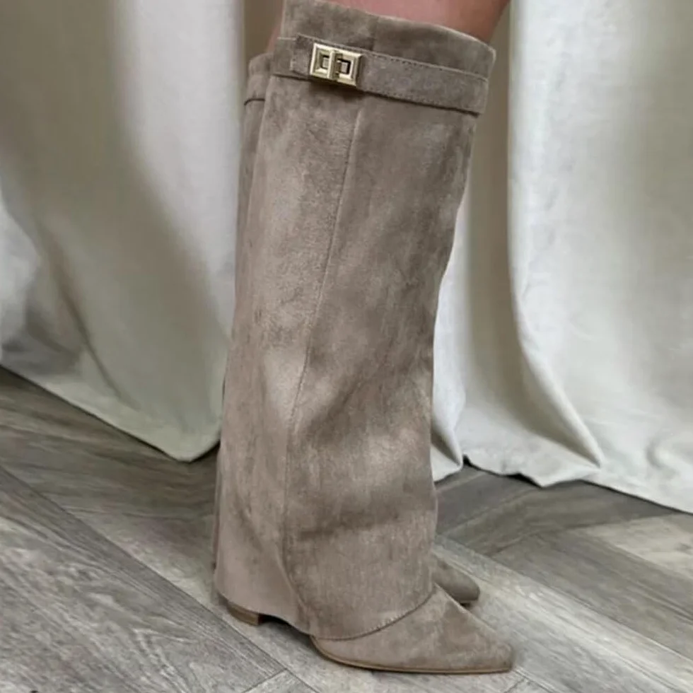 Fold Over Botas Mujer Invierno Cowboy Boots de Tacon Botines Largas Altas
