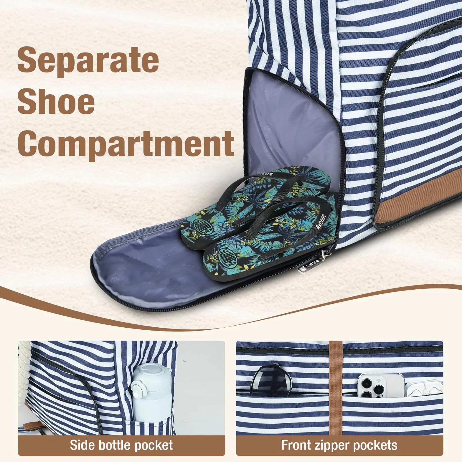 Bolsa de Playa Grande XXL con Cremallera para Mujer, Bolso Familiar Impermeable y Plegable, Tote Bag con Compartimento Húmedo, Zapatos y 8 Bolsillos