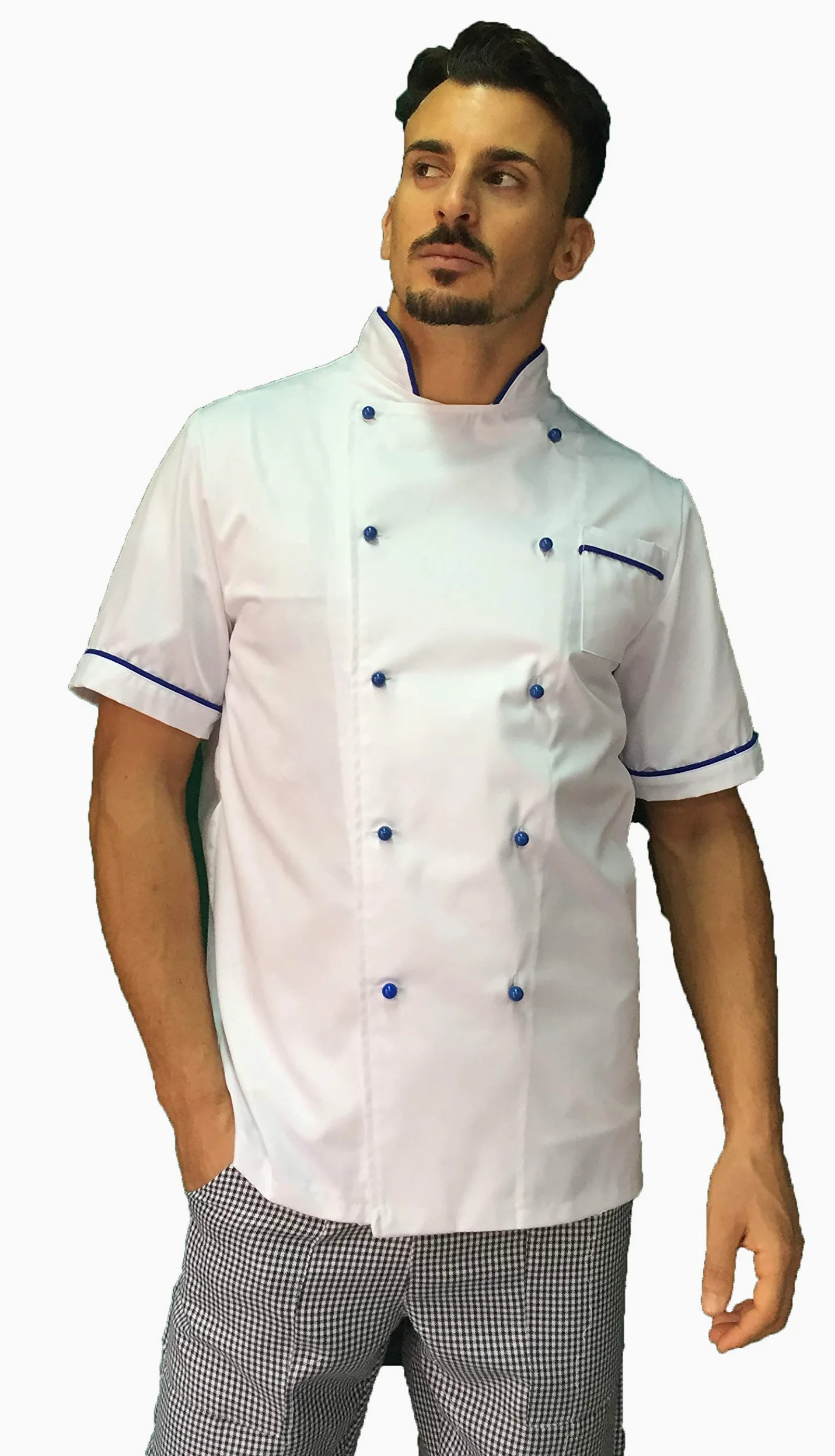 Bordado gratuito – Juego de cocinero de cocina – Uniforme Chef blanco y Royal – Chaqueta, pantalón y delantal – Fabricado en Italia