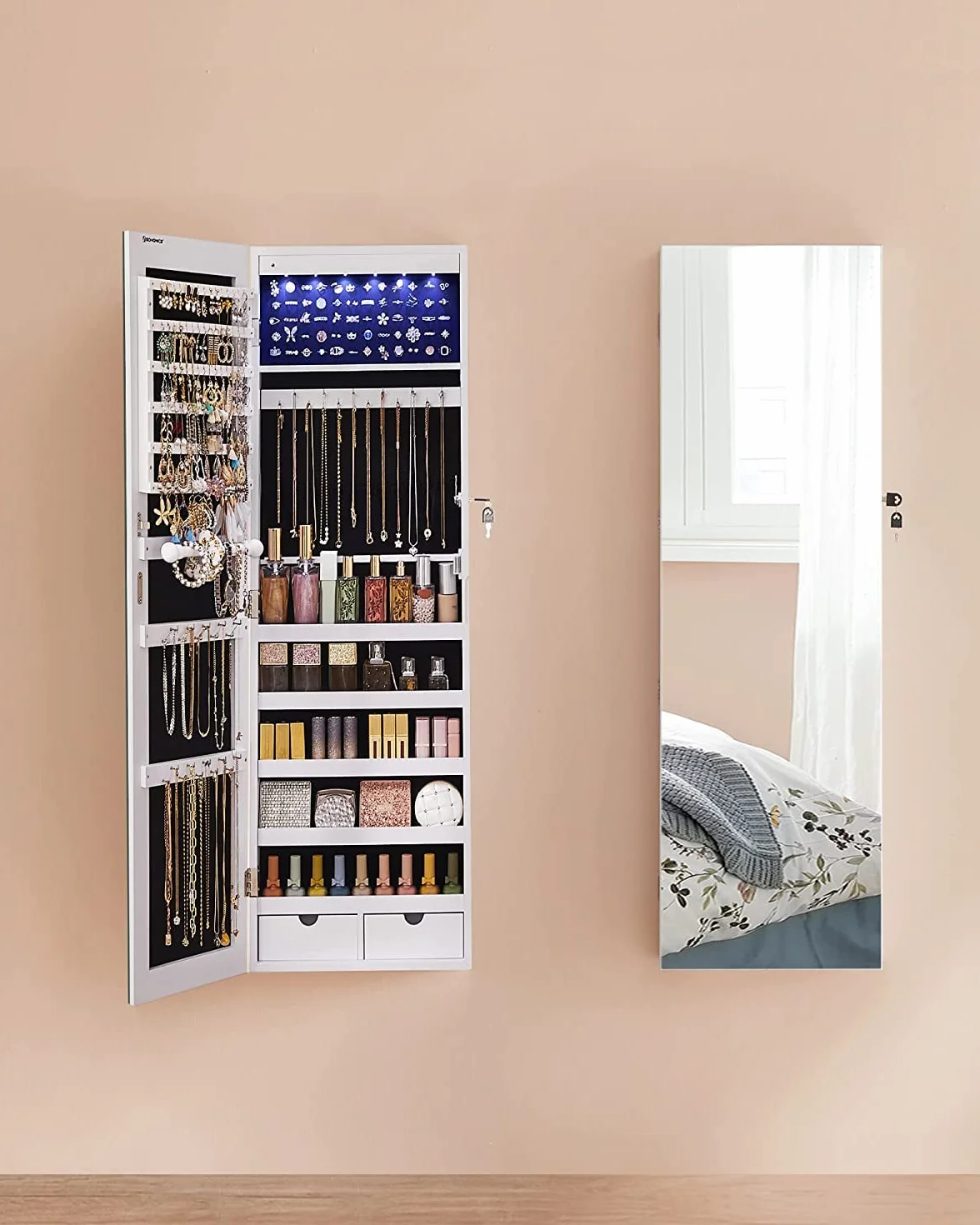 SONGMICS Espejo Joyero de Pared, Espejo Joyero Colgante sin Marco, Armario de Joyas con 6 LEDs para Colgar en la Pared o en la Puerta, Gran Capacidad con 2 Cajones, Blanco JJC99WT