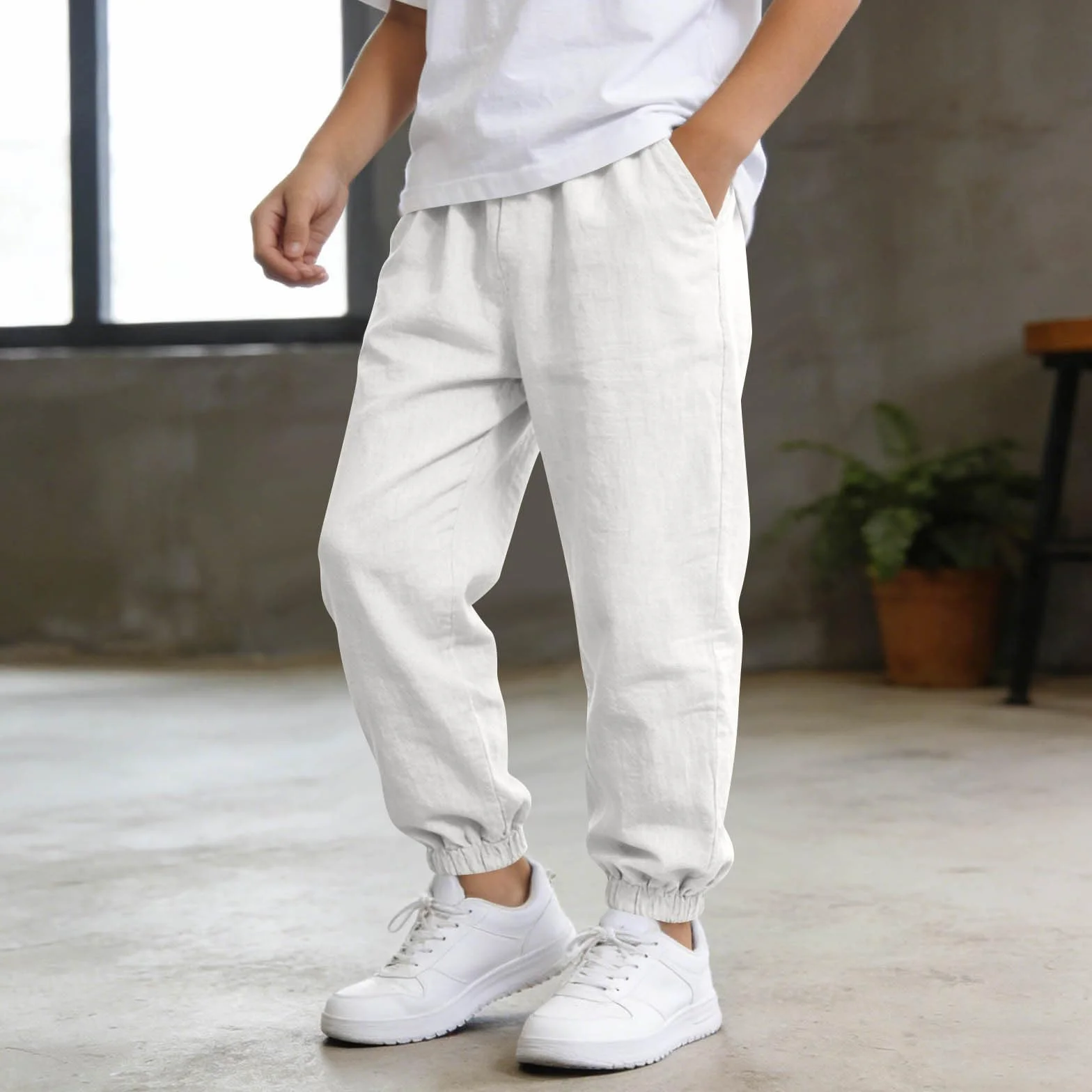 Pantanlones de Lino para Niños Algodón y Lino Pantanlon Chandal Niño Cintura Elástica Pantalón Chino Largo Sueltos con Bolsillos Cómodo Transpirable Jogging Pants para niños