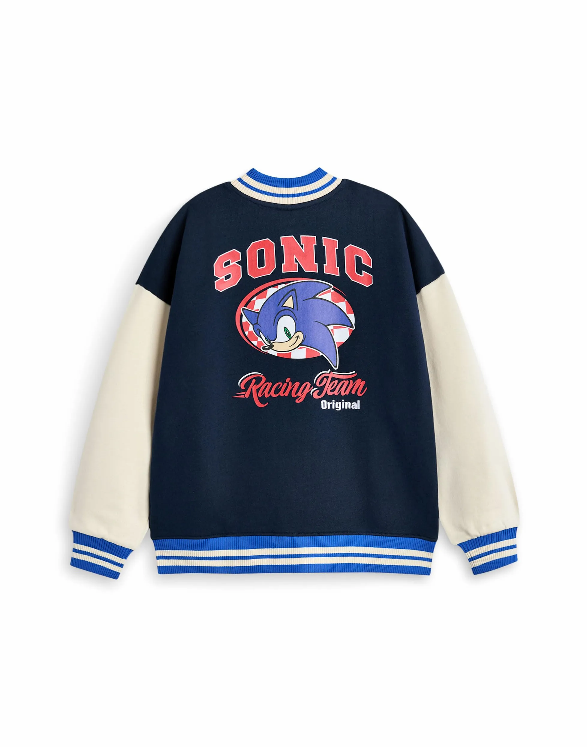 Sonic The Hedgehog Chaqueta bomber para niños| Chaqueta universitaria Sonic Racing Team para niños en Azul | Chaqueta de béisbol con cremallera y estampado de bandera a cuadros del personaje Sonic