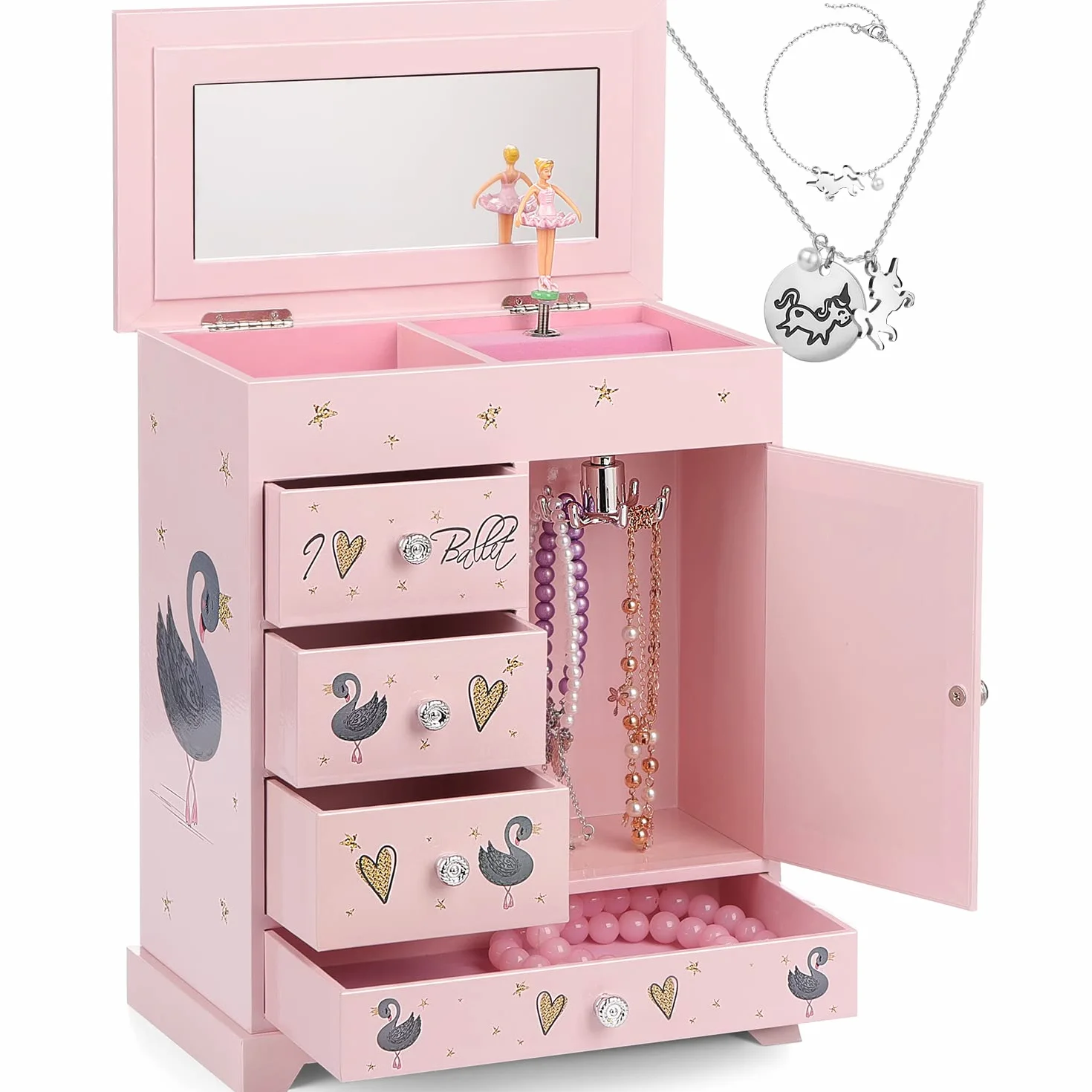 Joyero grande caja musical 5 capas puerta oscilante bailarina giratoria juego joyas unicornio organizador niñas niños