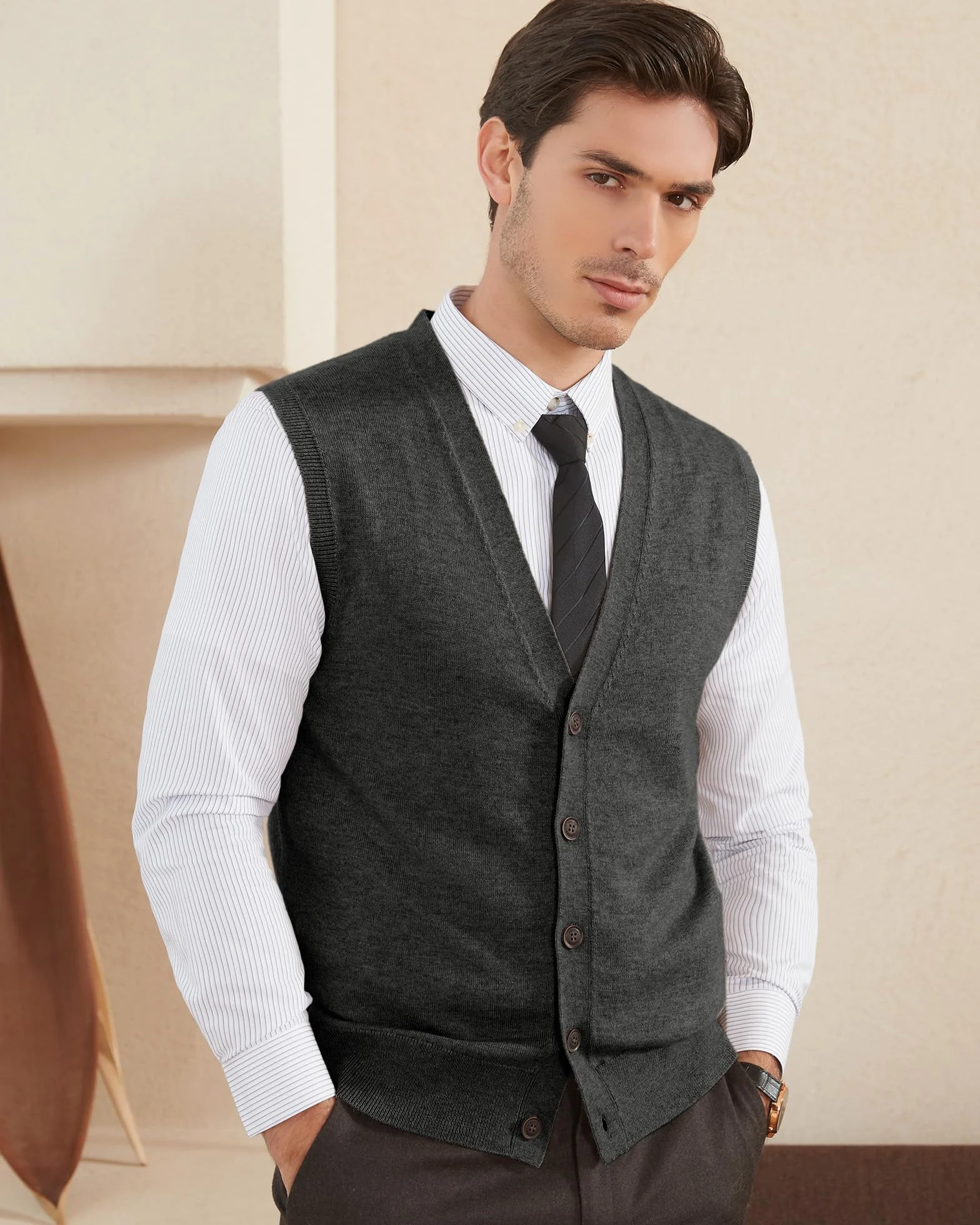 Kallspin Chalecos de Mezcla de Lana para Hombre Cuello en V Chaleco de Punto Cárdigan sin Mangas con Botones