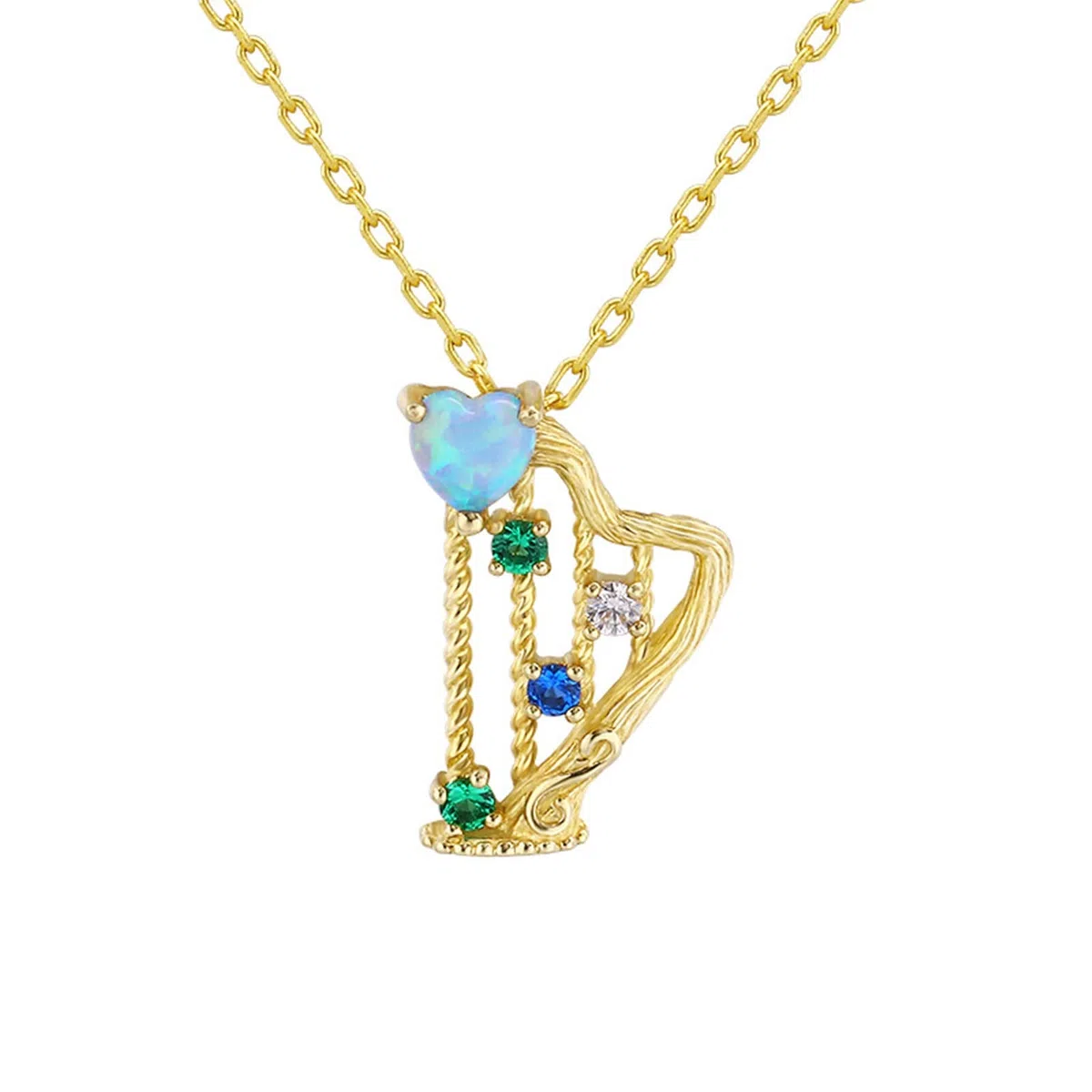 KnBoB Colgante para cadena, collar de oro de 18 quilates (750), forma de arpa, corazón azul, ópalo con verde, blanco, redondo, circonita, cadena de 45 cm