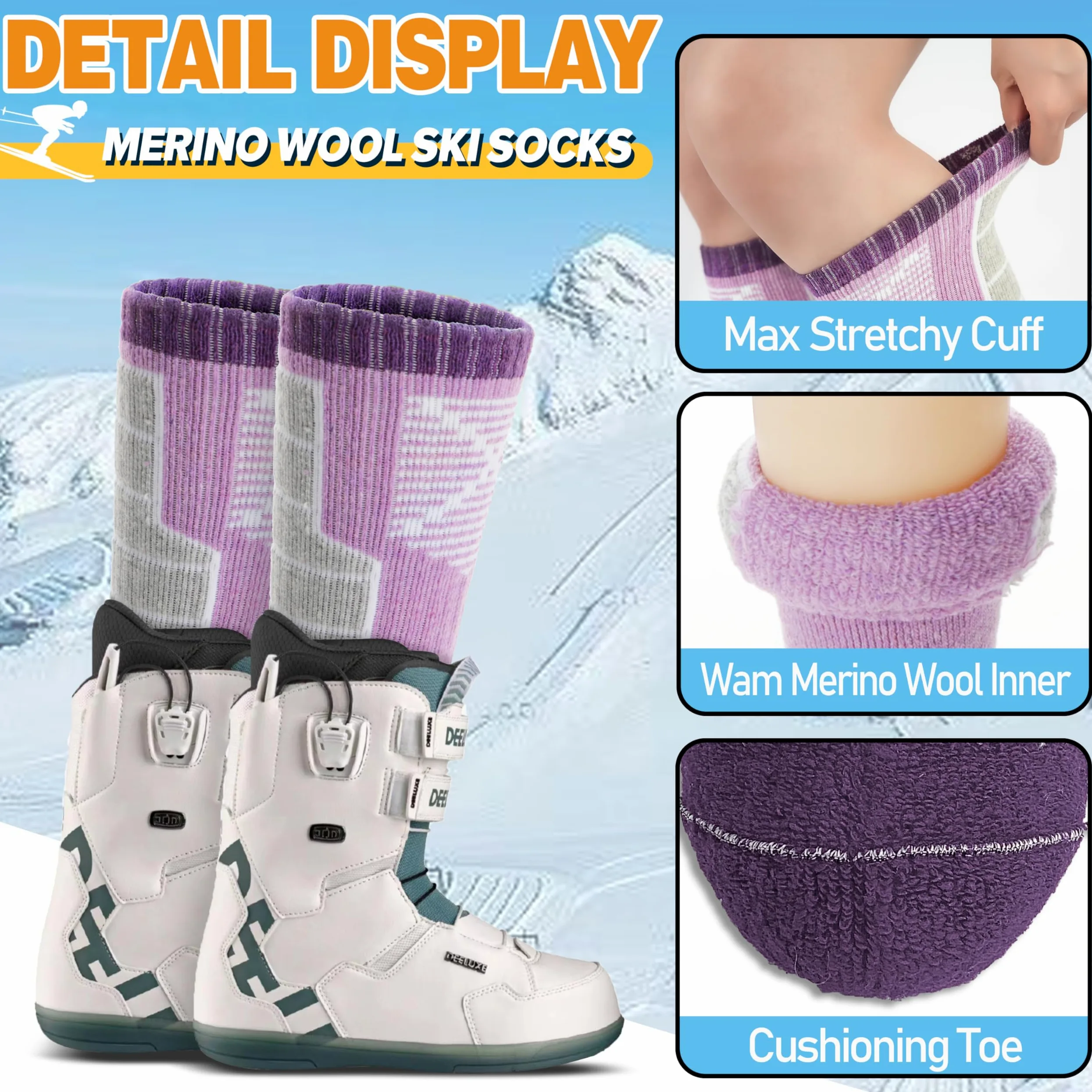 Anlisim - Calcetines de esquí de lana merina para niños, 3 pares de calcetines térmicos para invierno, cálidos y transpirables para esquí, snowboard