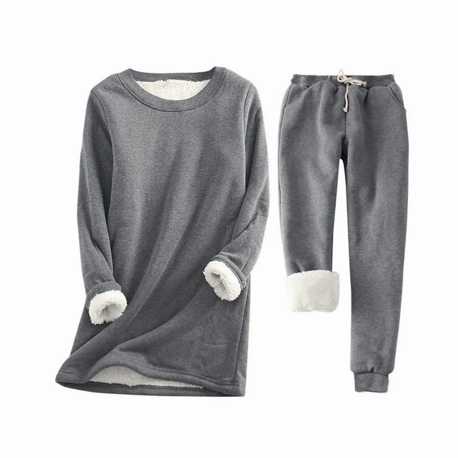 Conjunto de Pijama de Sudadera y Pantalones con Forro para Mujer para Calidez Invernal con Traje de Felpa Tops cómodos y Holgados Ropa de Estar por casa cálida de Invierno para Mujer