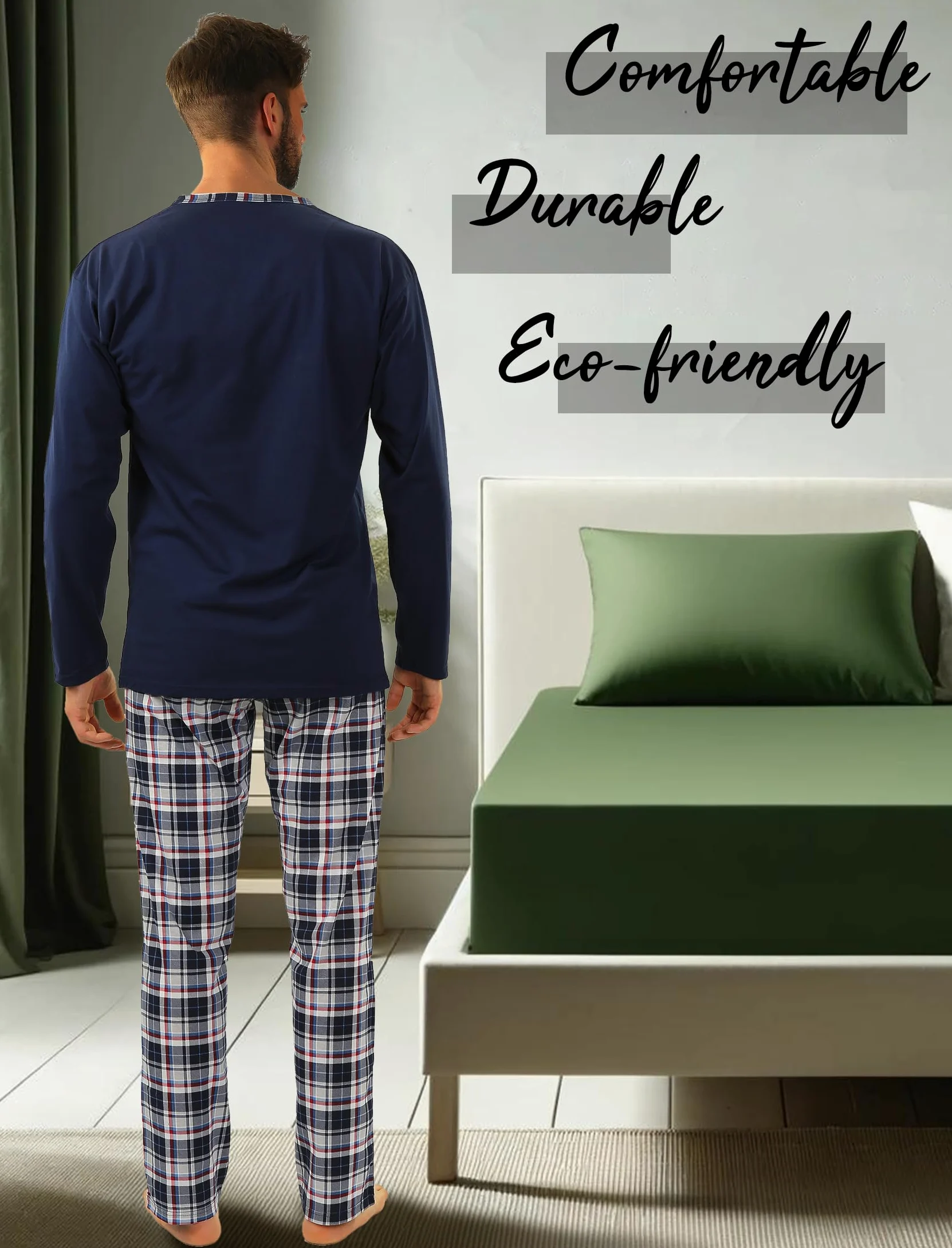 Sesto Senso Pijama Hombre Largo Invierno Clásico Algodon 2 Piezas Ropa De Dormir Conjunto Camisa Manga Larga Pantalones Largos 4XL Jasiek 2188/06