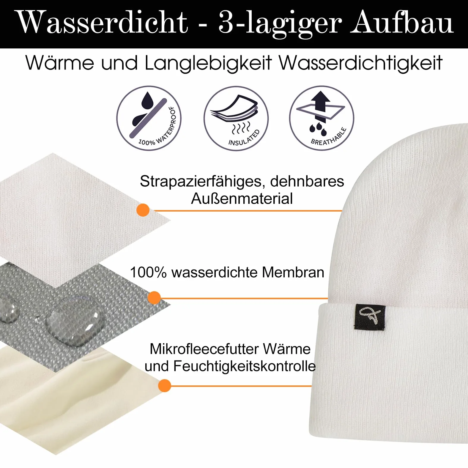 TOP-EX Dryknit - Gorro de invierno impermeable de gran tamaño XL XXL con forro polar para hombre