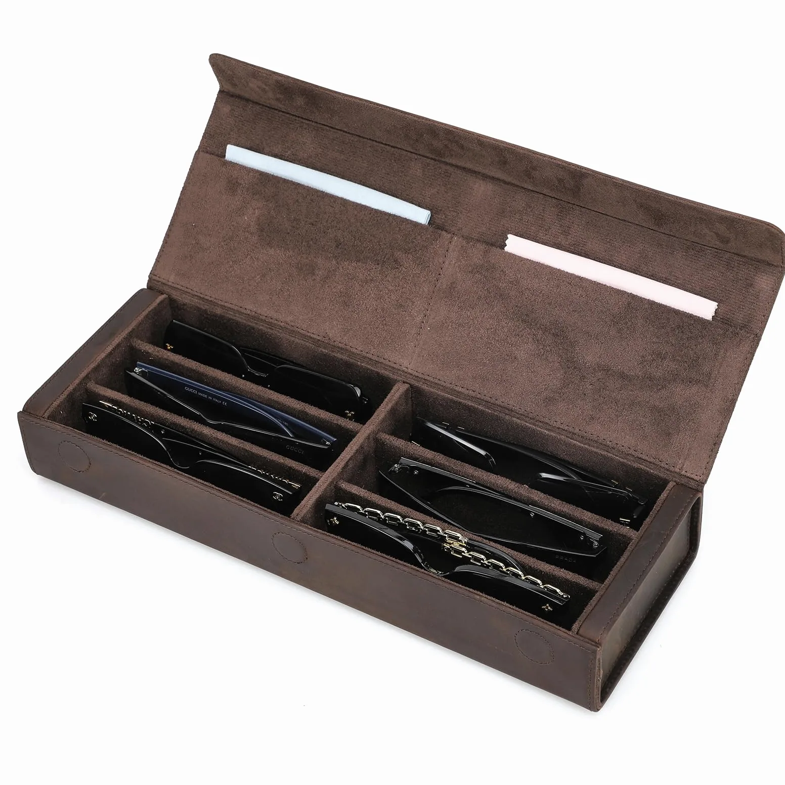 Contacts Caja de almacenamiento de gafas de cuero para hombres y mujeres, soporte para 2/4 lentes de sol, estuche de viaje, organizador de gafas con forro de microfibra y ranura para paño de limpieza