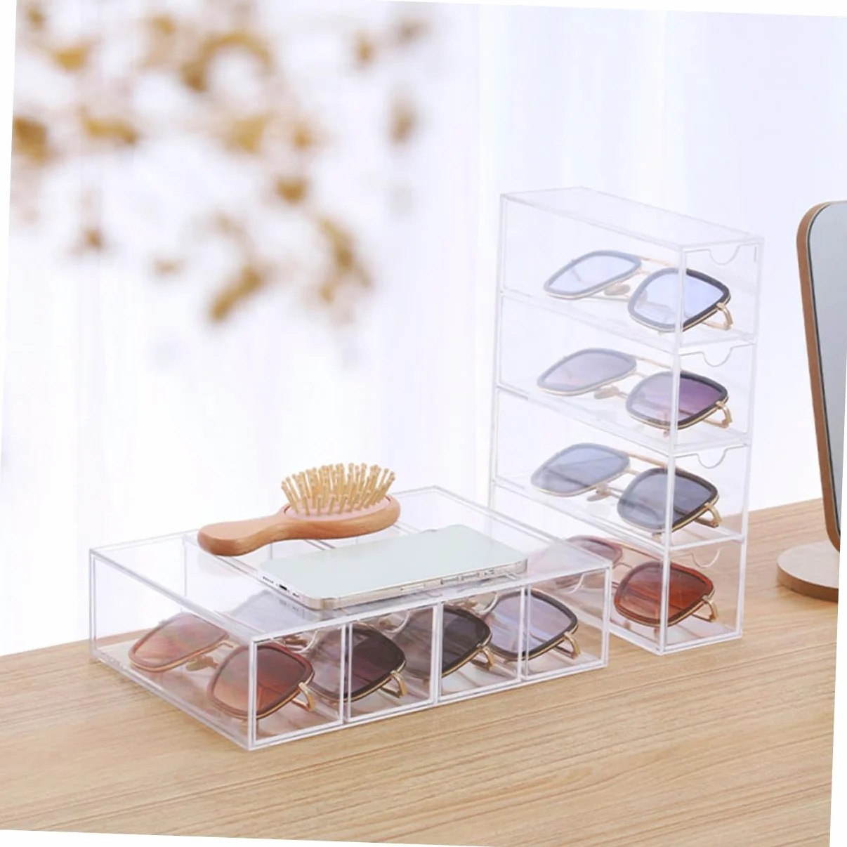 Caja Transparente para Gafas y Joyas 4 Capas Acrílico Multifuncional Organizador Almacenamiento Escritorio 2 Piezas Hogar y Tienda