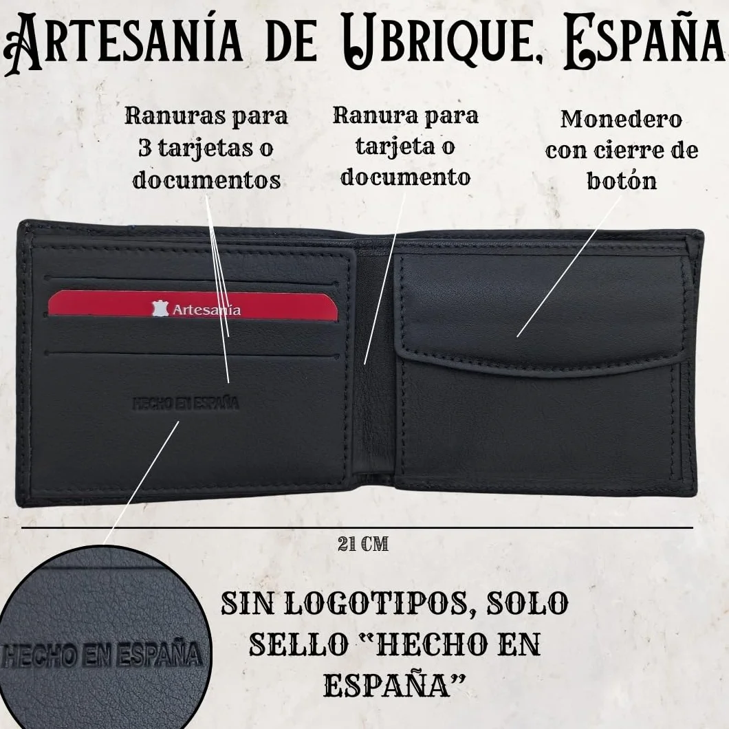 Cartera de Piel para Hombre Hecha artesanalmente en Ubrique Hombres y jóvenes, Incluye Llavero y Pulsera de temática española. (76 Negro Tira Grabado Hilo Azul)