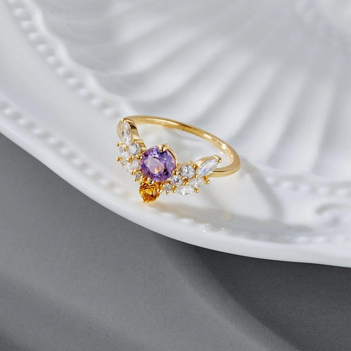 Alianzas de oro Au 375/585/750, joyas de oro auténtico con amatista, forma de alas