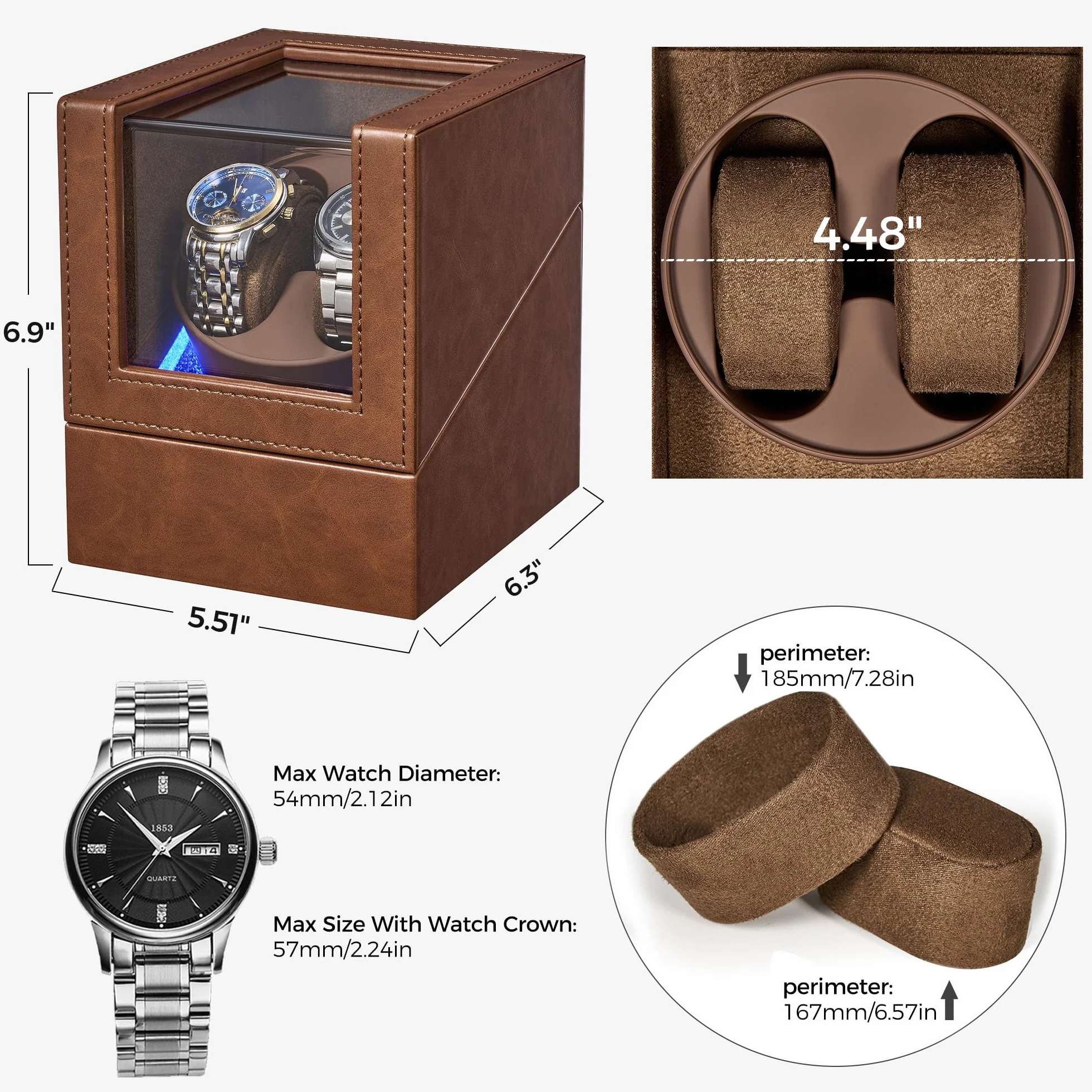 BEWISHOME SYQ02Z Bobinador de reloj automático doble con luz LED, 4 modos, motor silencioso japonés