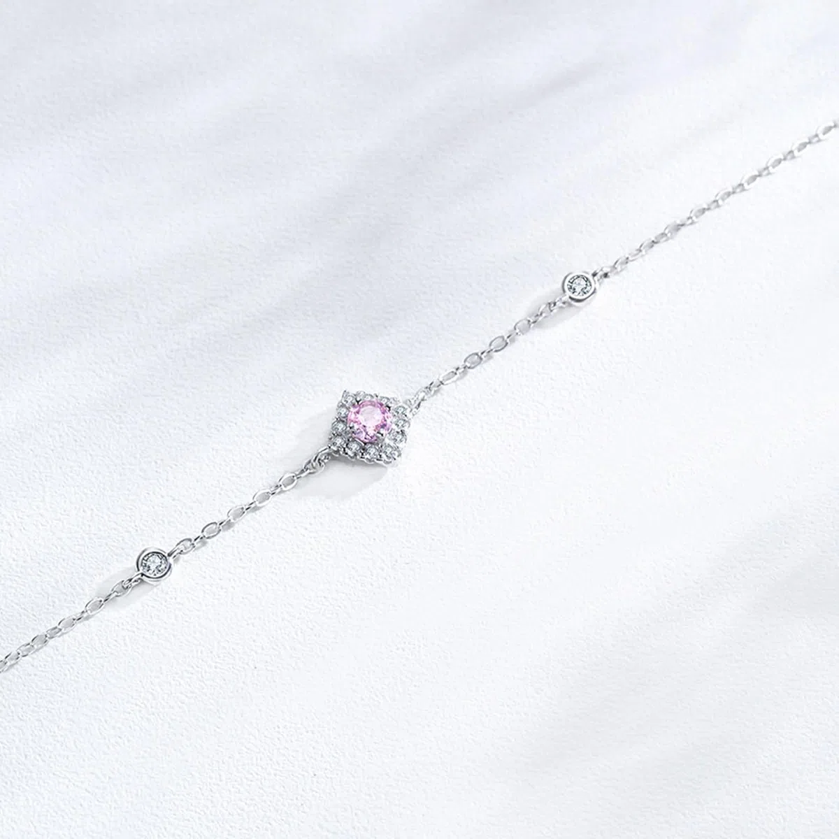 Pulsera Mujer de Oro Blanco de 9Kilates / 14Kilates / 18Kilates, Rombo y Redondo con Diamante Creado y Moissanita, Cadena Extensible 16 CM + 5 CM, Pulseras Ajustable Mujer Plata Rosa
