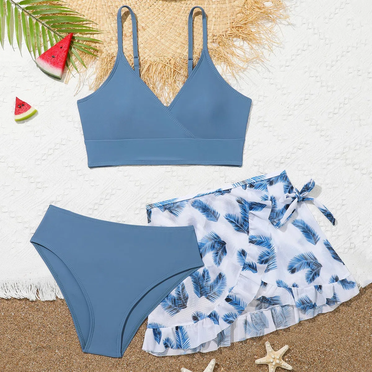 Bañador de 3 piezas para niñas, bonito juego de bikini con estampado floral