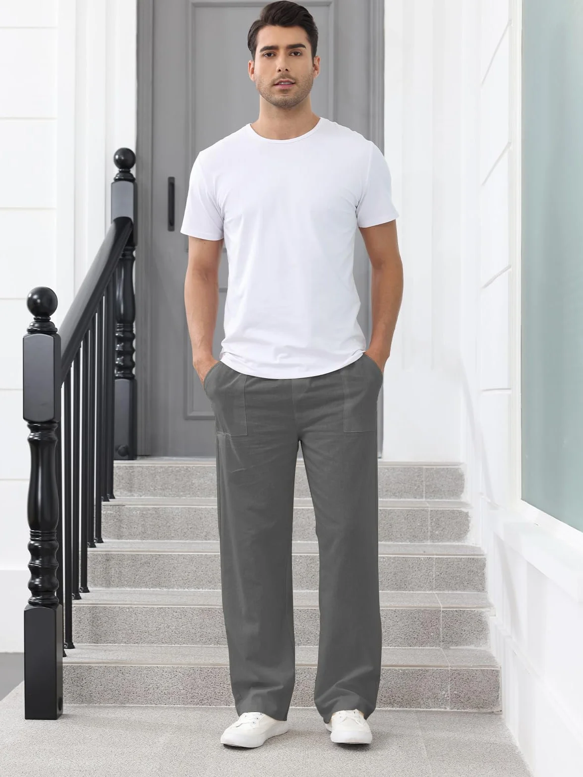 Pantalon Lino Hombre Pantalones Holgados de Ocio Pantalones Ligeros de Verano para Hombre con Bolsillos, Cintura Elástica y Cordón