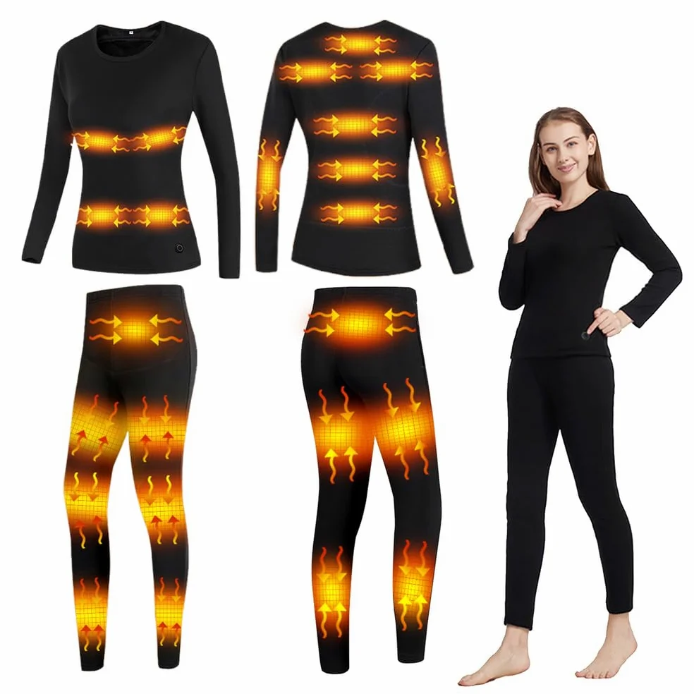 Ropa Interior Eléctrica Calefaccionada para Mujer, Conjunto De Camiseta Térmica De Capa Base Y Mallas Largas para Esquiar, Hacer Senderismo Y Trabajar