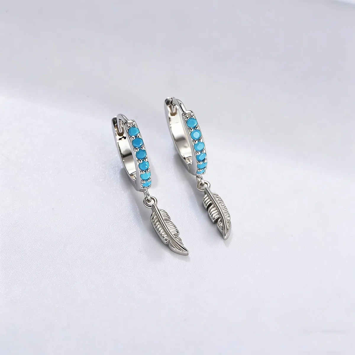 Pendientes de oro blanco de 9 K/14 K/18 K/PT950, joyas auténticas con turquesa redonda, pluma de aro