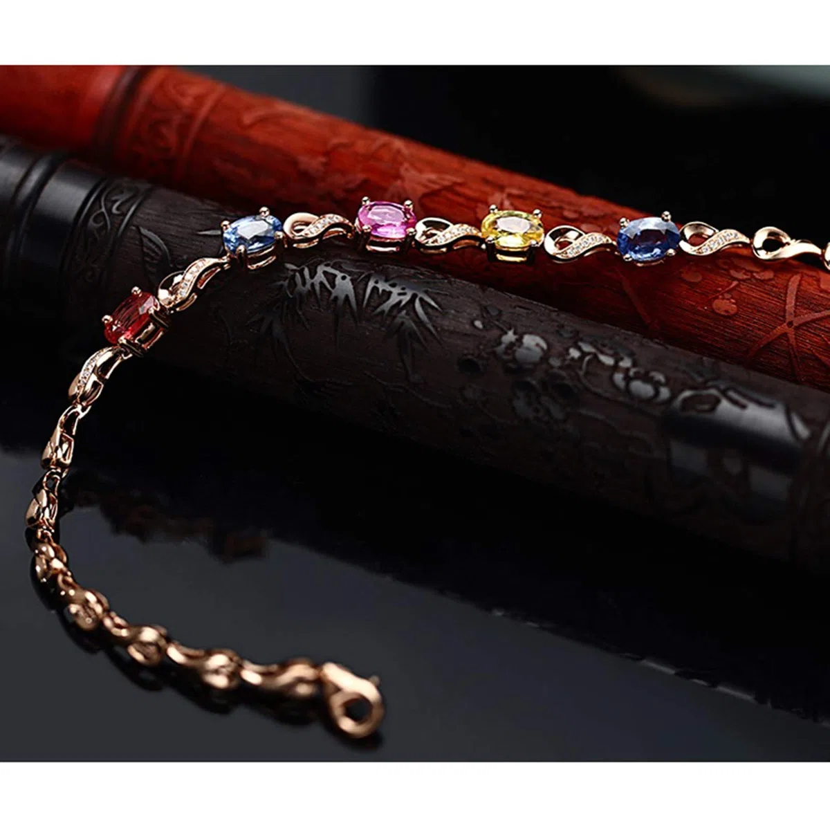 ZH1YFD Pulsera de Zafiro Oro Rosa, Eslabón de Barra con Zafiro Multicolor 2.724ct Pulseras en Joyería de Mujer 16+3CM