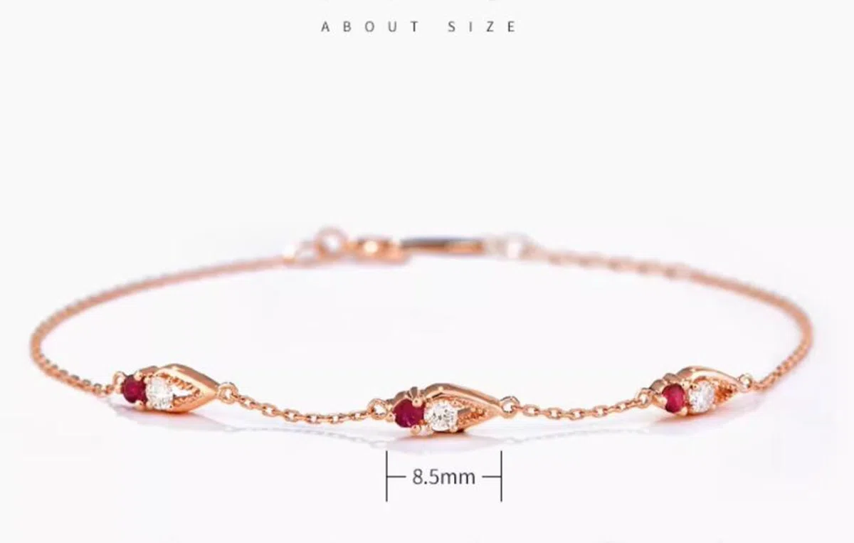 Pulseras de la amistad de oro rosa, rubí de 0,15 quilates, diamantes de 0,14 quilates, pulseras de la amistad para mujer