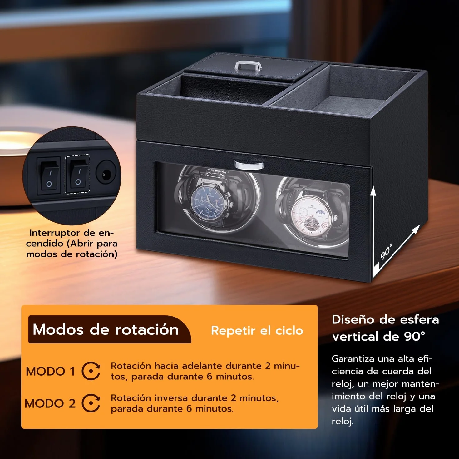 Mcbazel Abridor Automático de Relojes Multifuncional 2 Relojes Pantalla LED Caja Almacenamiento Joyería Motor Silencioso Negro