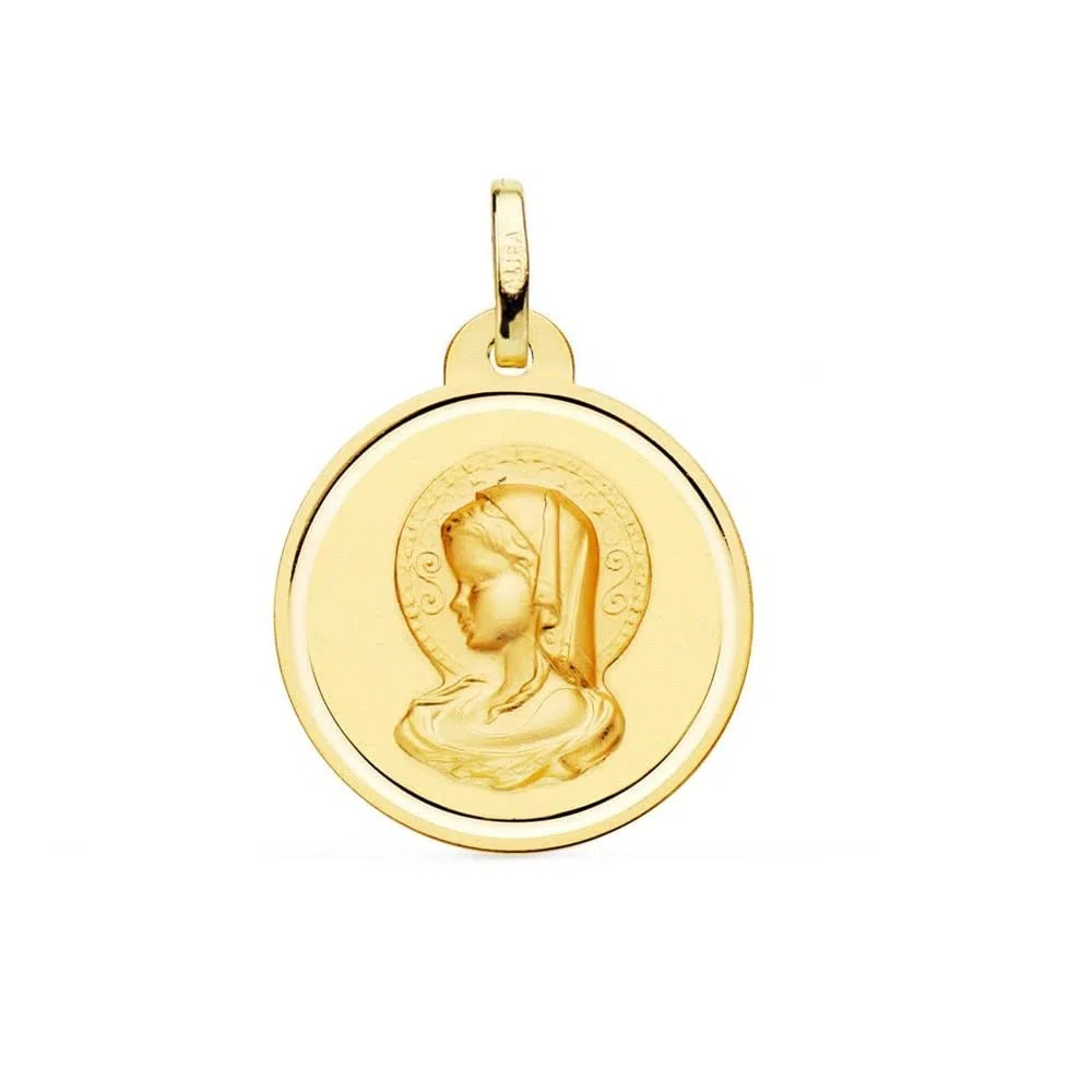 Virgen María medalla oro 18k Primera Comunión colgante 20mm. detalle bisel liso