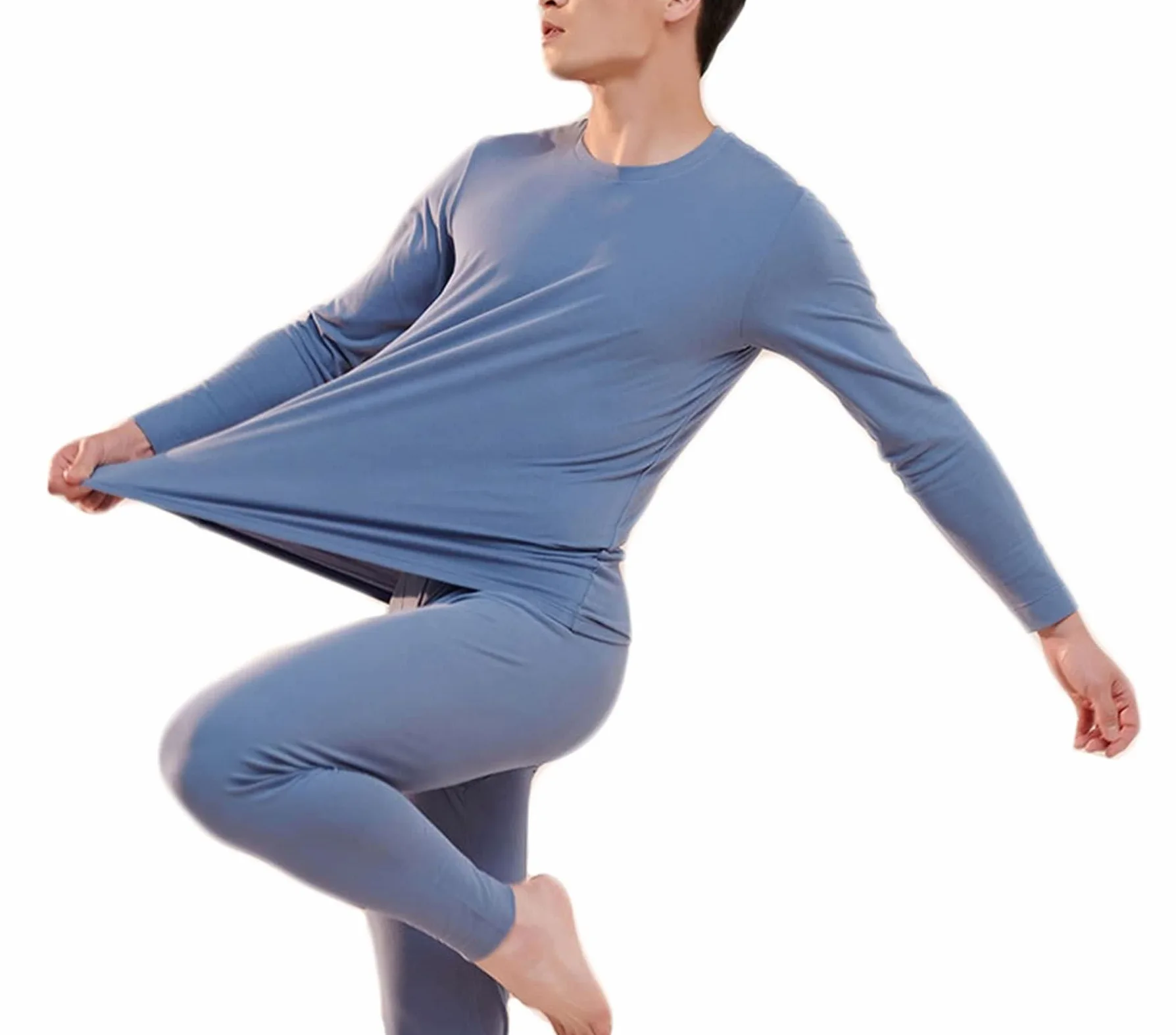 Ropa Termica Hombre, Algodón Set Ropa Termica Azul lacustre, Cuello Redondo Camiseta y Pantalon Termica Manga Larga Múltiples Tamaños