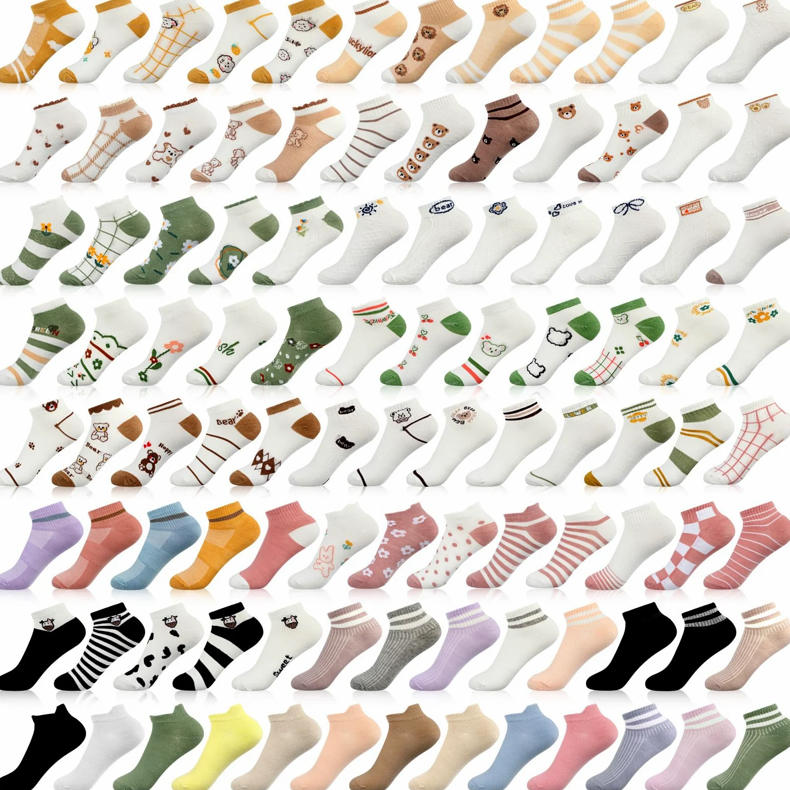 Mumufy 100 pares de calcetines de tobillo de corte bajo para mujer a granel con bonitos patrones bordados de corte bajo, calcetines invisibles delgados, transpirables, cómodos, a granel, calcetines
